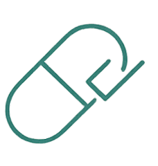 A simplified illustration of a single capsule pill with a line in the middle, depicted in light teal color.