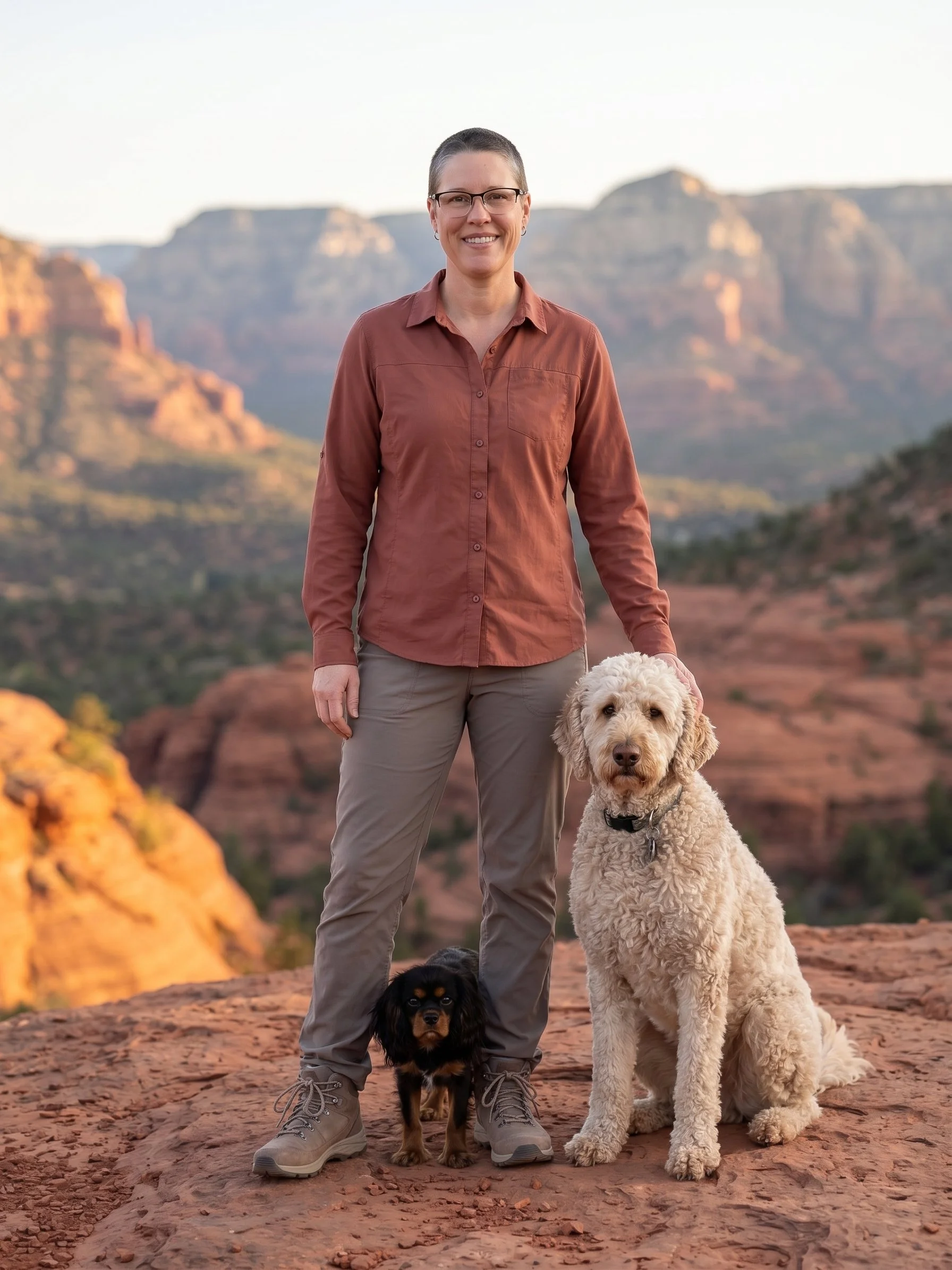 A woman with short hair and glasses smiling, standing outdoors with two dogs in front of red rock formations of the Grand Canyon, during sunset.