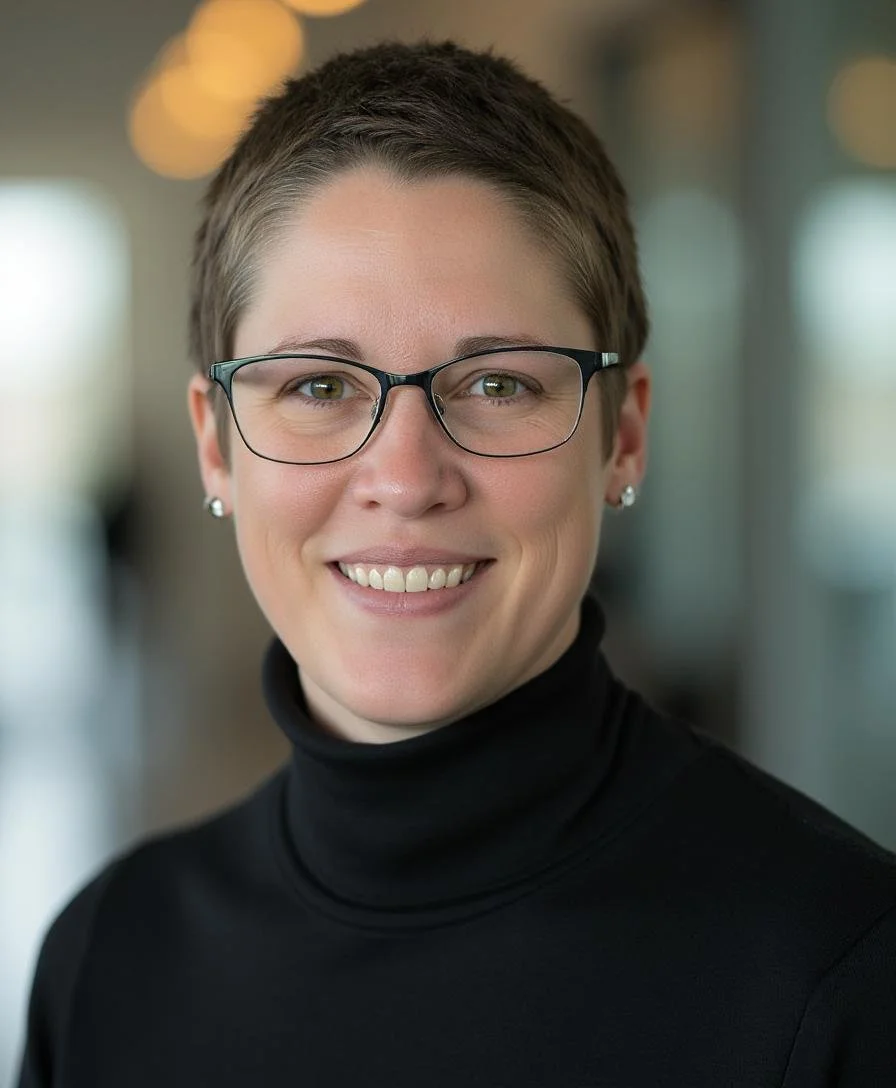 A woman with short dark hair, glasses, and earrings smiling at the camera, wearing a black turtleneck in an indoor setting with blurred background lights.