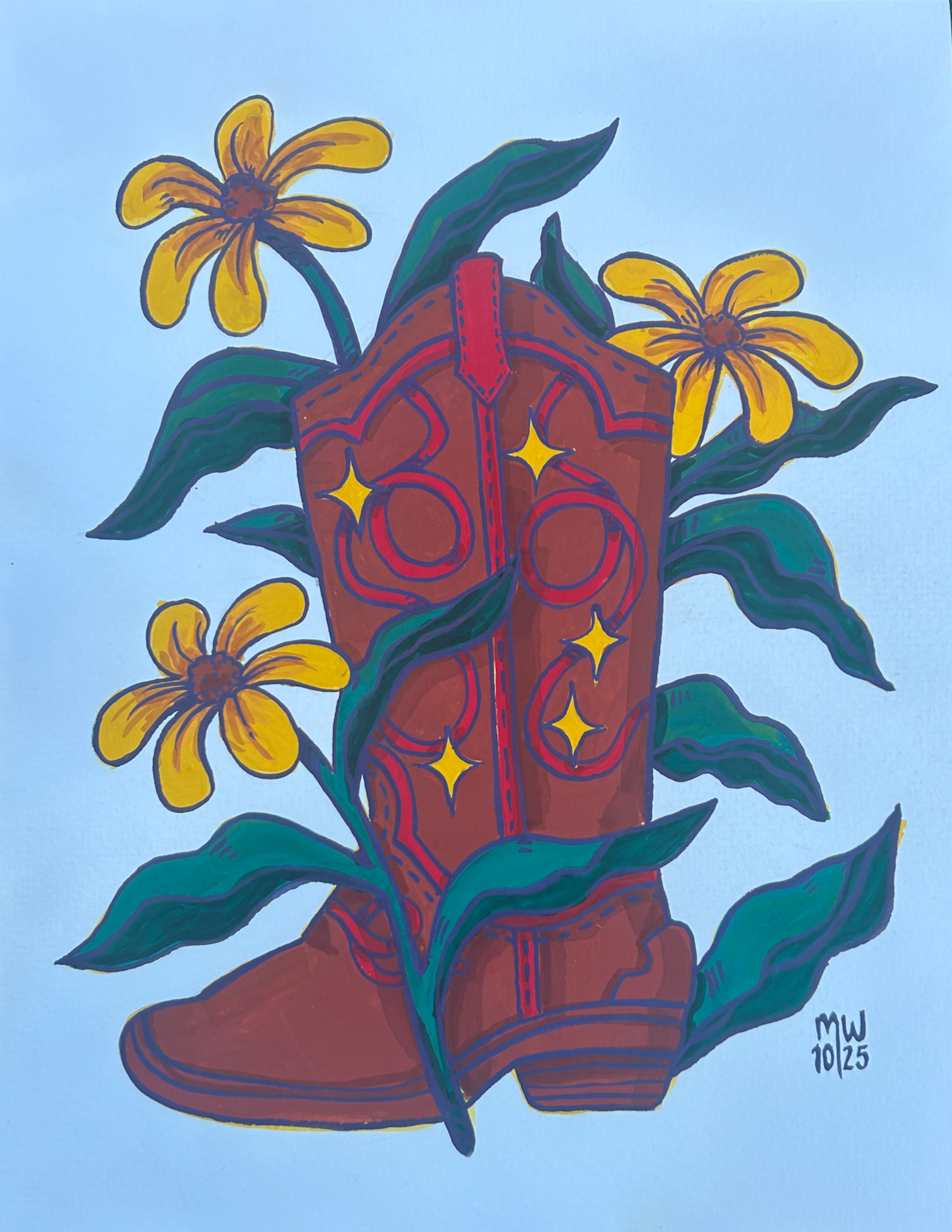 A colorful illustration of a flower pot with three yellow flowers and green leaves, standing on a blue background.