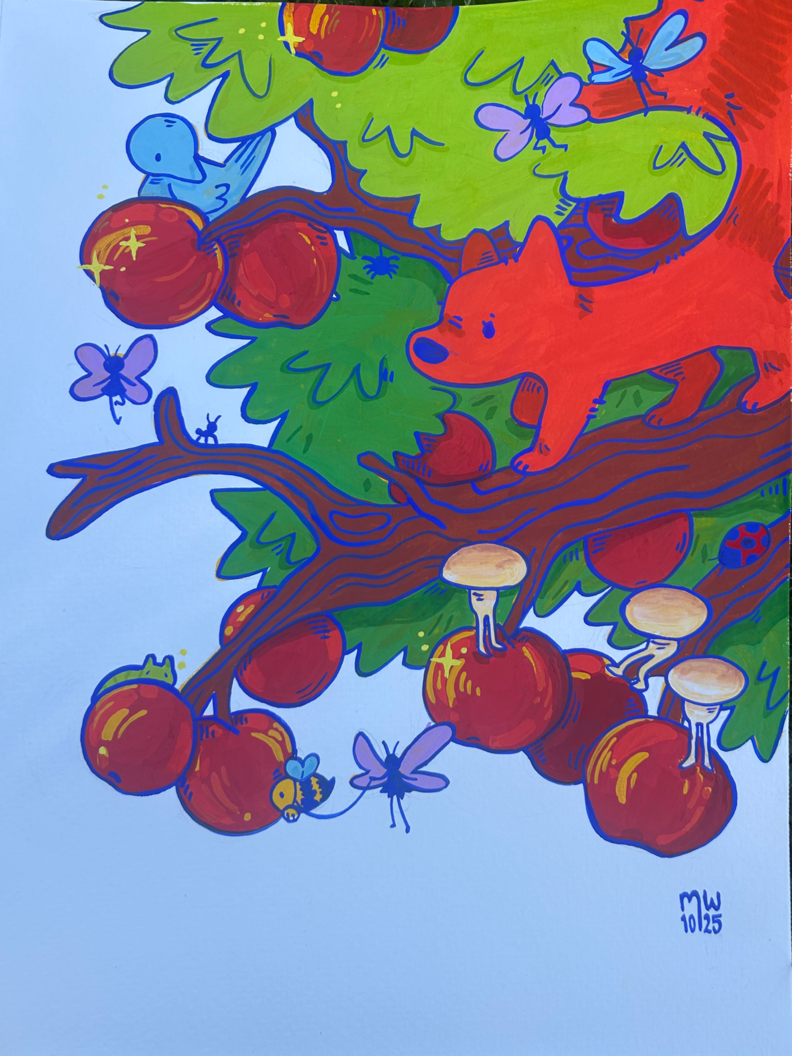 A colorful drawing of a tree with red apples, green leaves, purple butterflies, a blue bird, a yellow mushroom, a bee, and a ladybug. The artist's initials and date are in the bottom right corner.