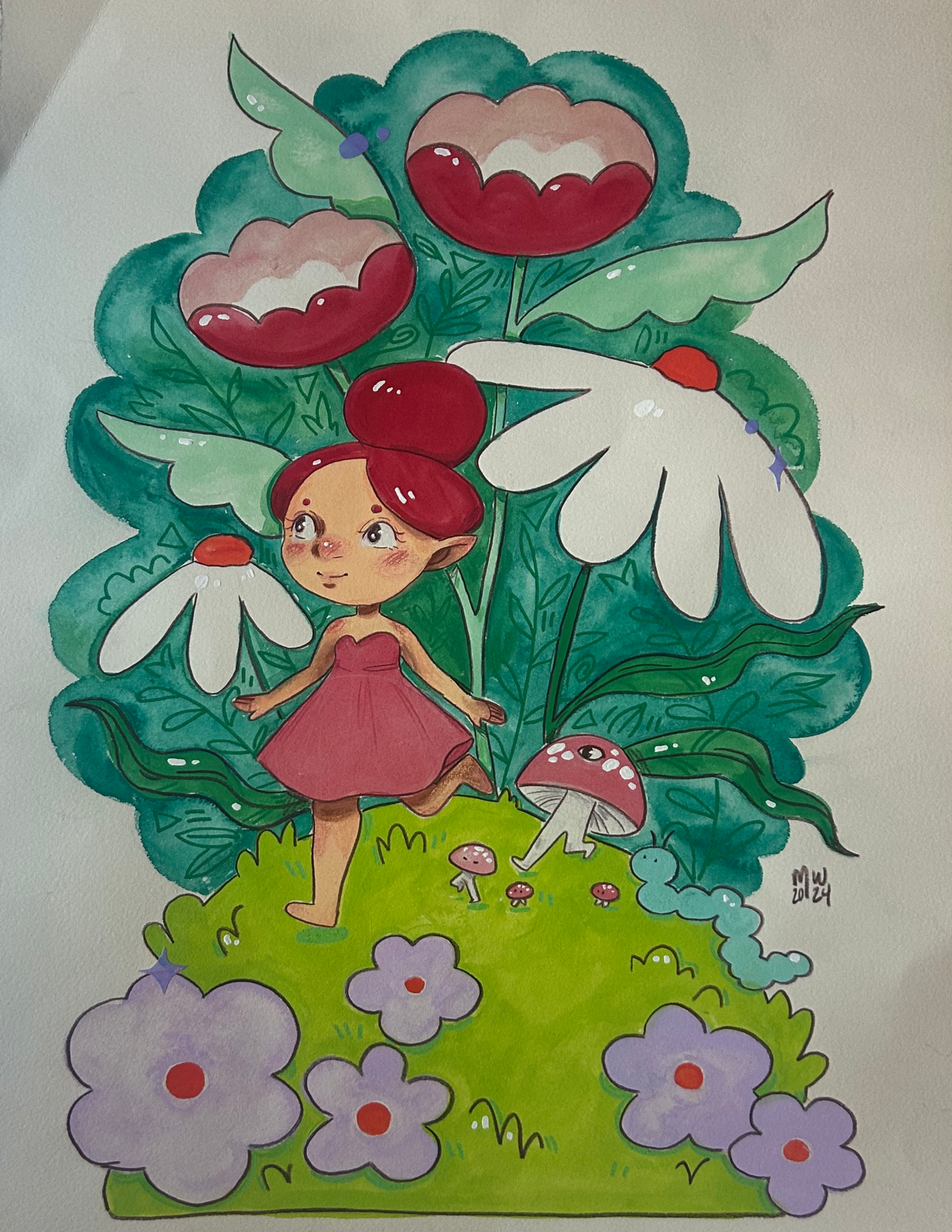 A whimsical watercolor illustration featuring a fairy-like girl with red hair, large eyes, and a pink dress standing on grass amidst purple flowers and mushrooms, surrounded by lush green foliage and large cheerful flowers.