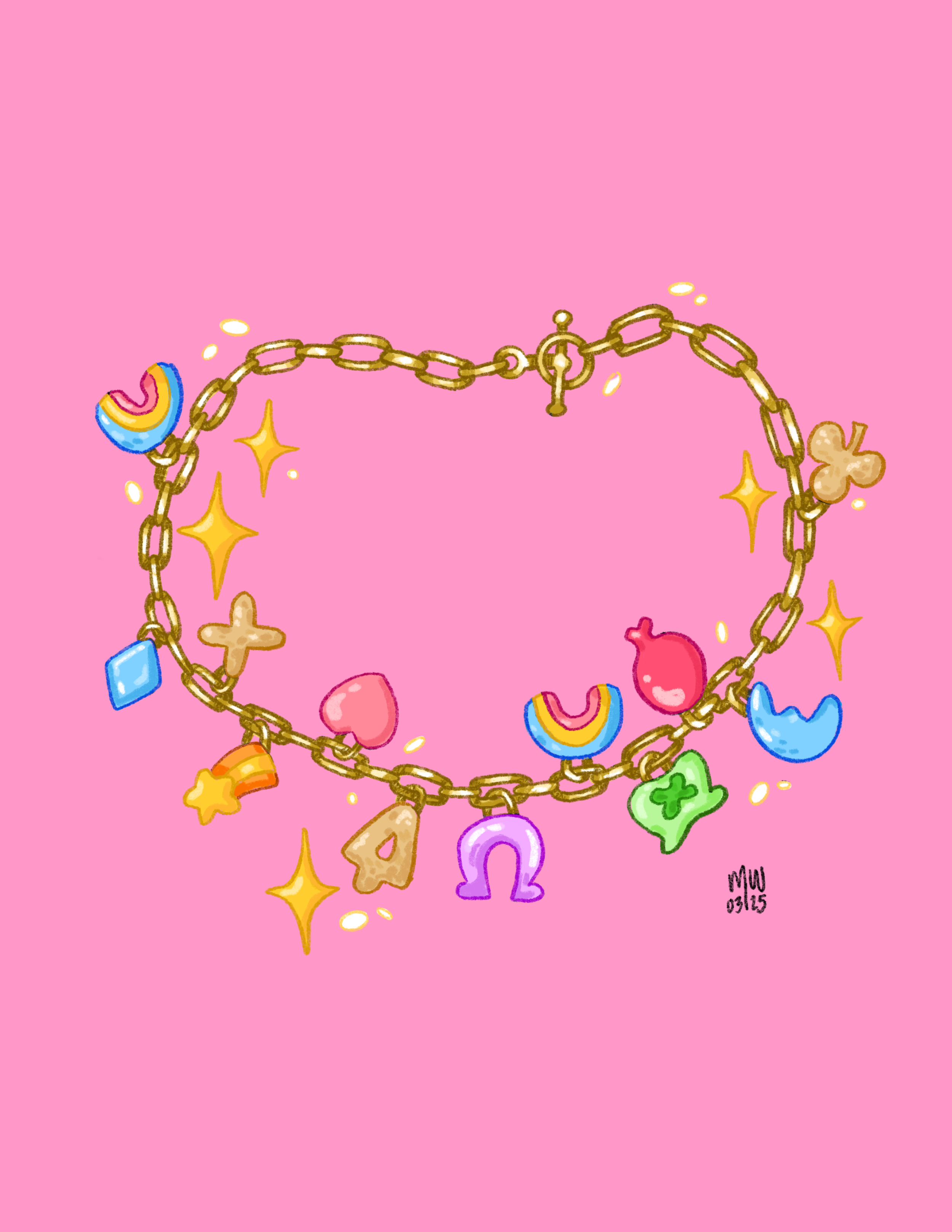 A colorful illustration of a gold chain bracelet adorned with charms shaped like rainbows, hearts, stars, a flower, a cross, and a question mark, set against a pink background.