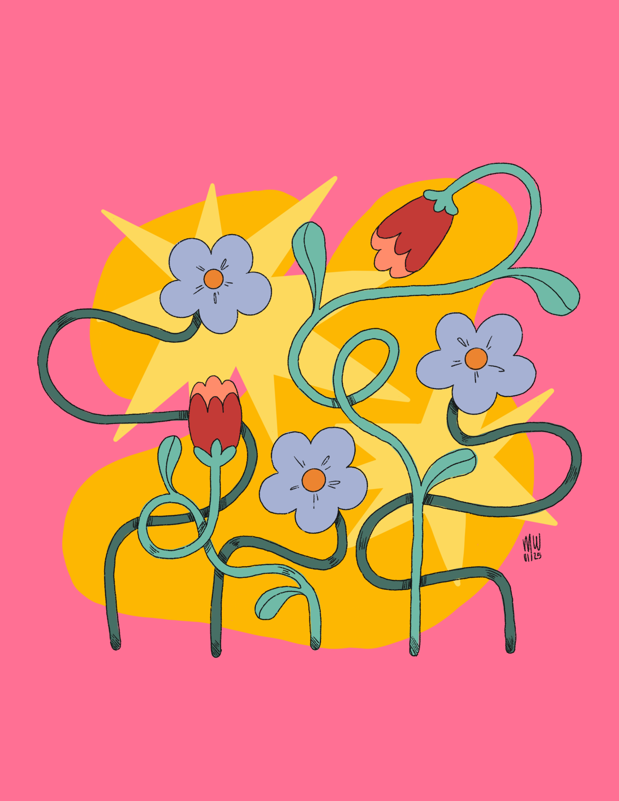 Colorful digital illustration of blue flowers with orange centers and green vines on a pink background with a yellow starburst behind the flowers.
