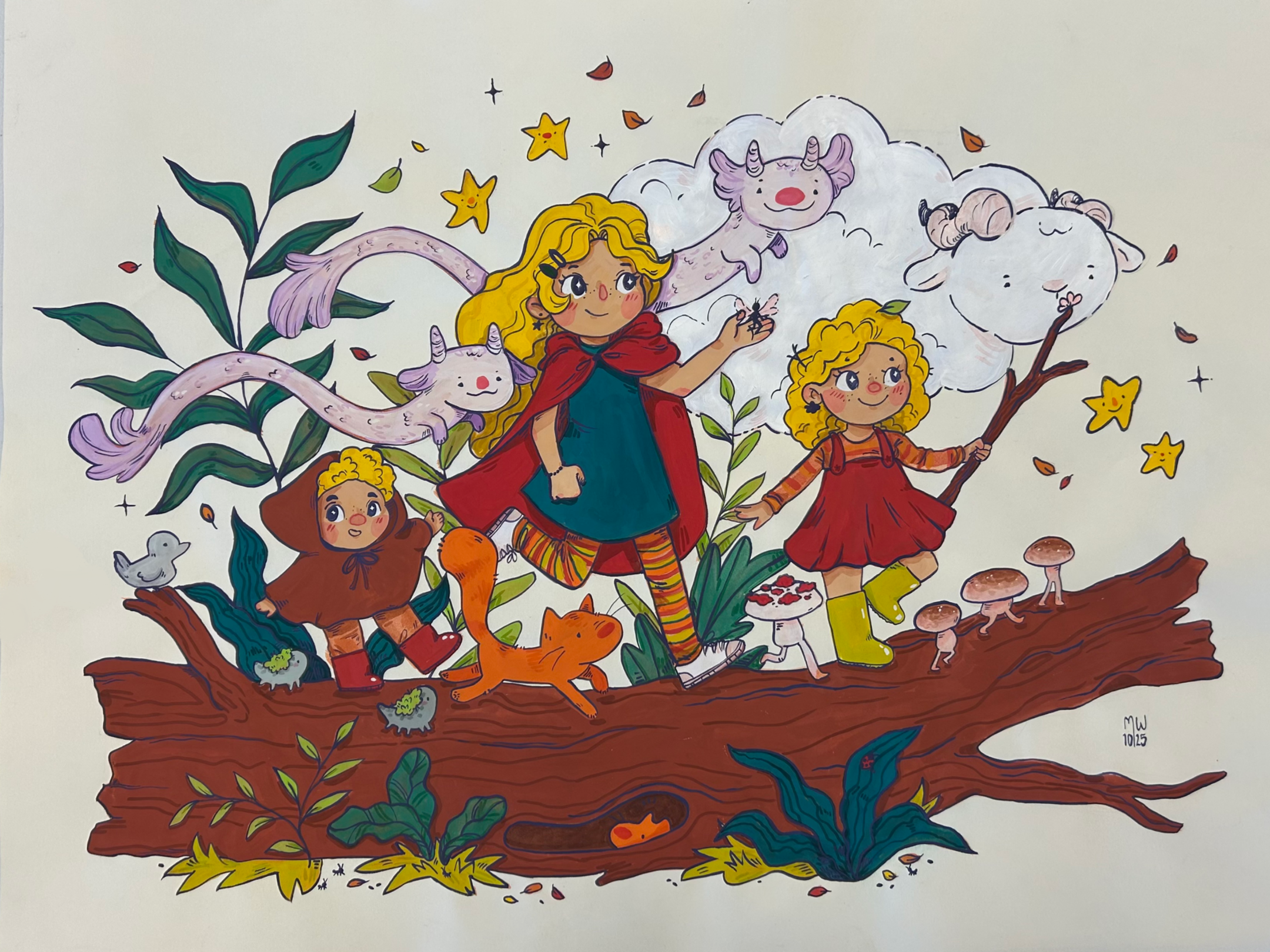 Colorful illustration of children in whimsical costumes and fantasy creatures on a tree log, with stars, leaves, mushrooms, and small animals.