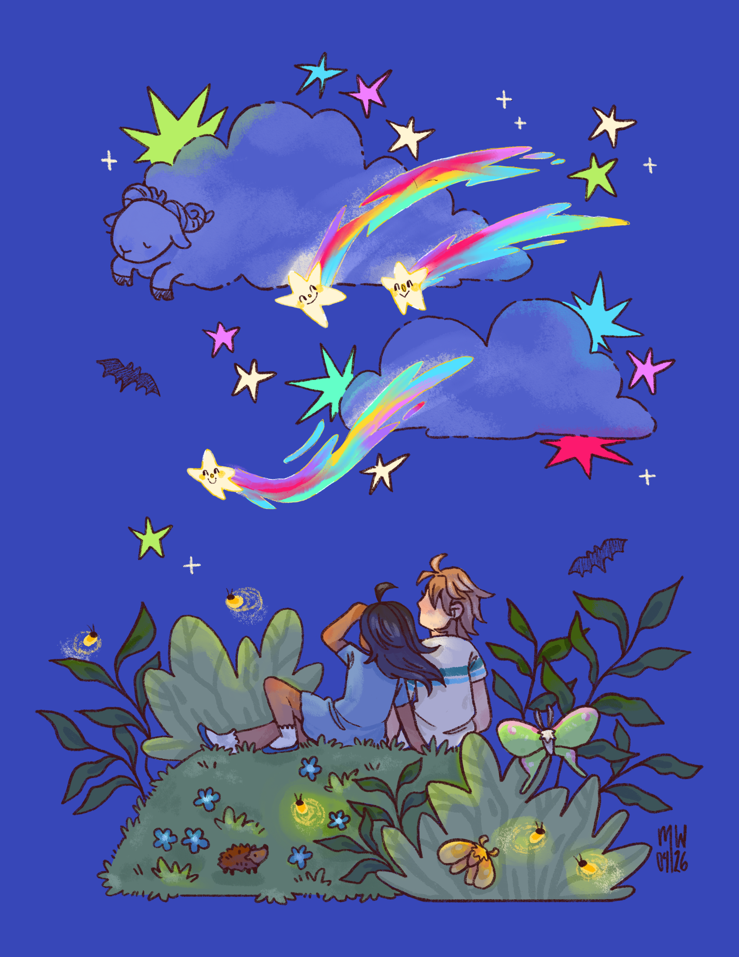 Two children sitting on a grassy hill surrounded by plants, observing a night sky filled with clouds, colorful shooting stars, rainbows, and animated stars with faces. The scene depicts a whimsical, fantasy-like night outdoors.