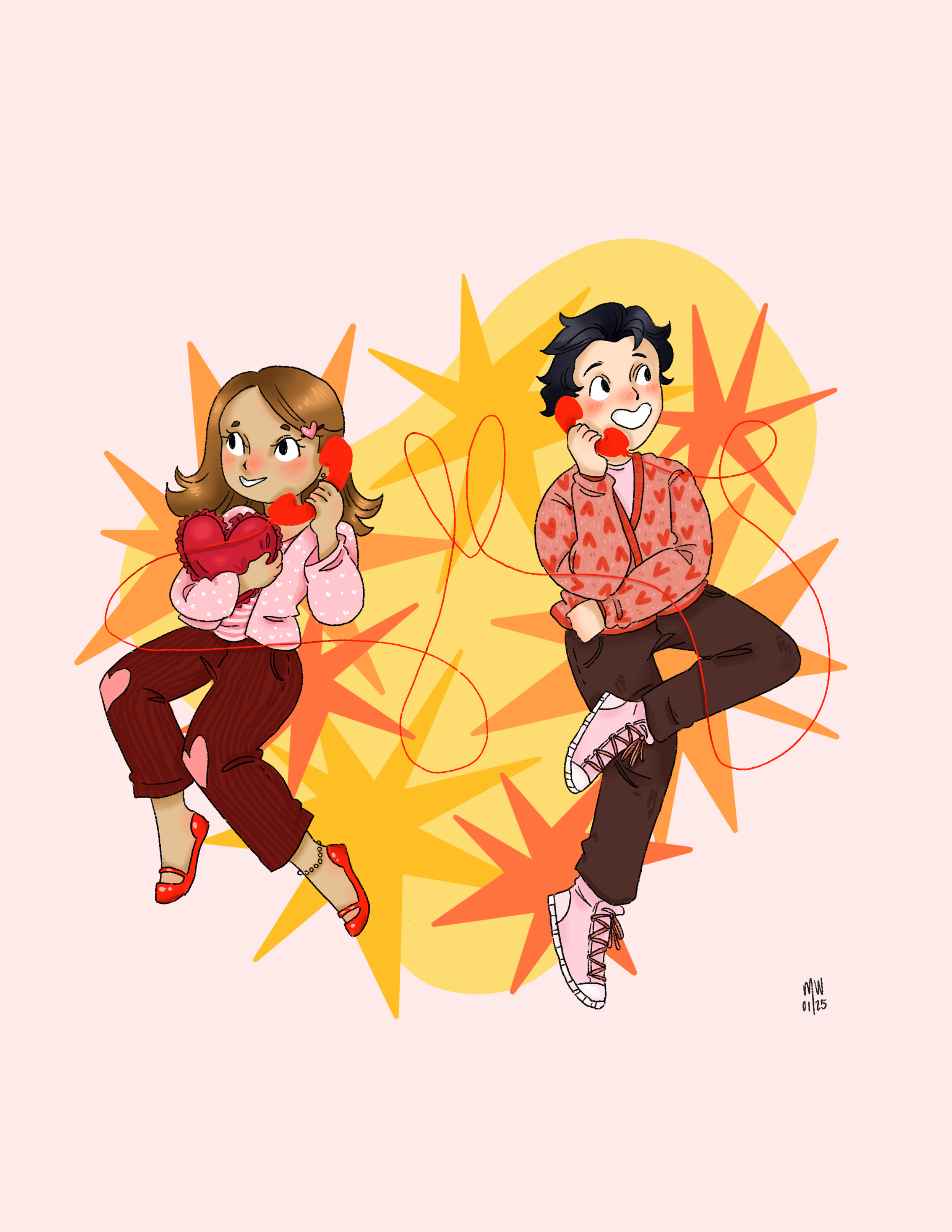 Cartoon illustration of a couple sitting back-to-back, each holding a vintage red telephone receiver with the cords tangled together, surrounded by explosive shapes.