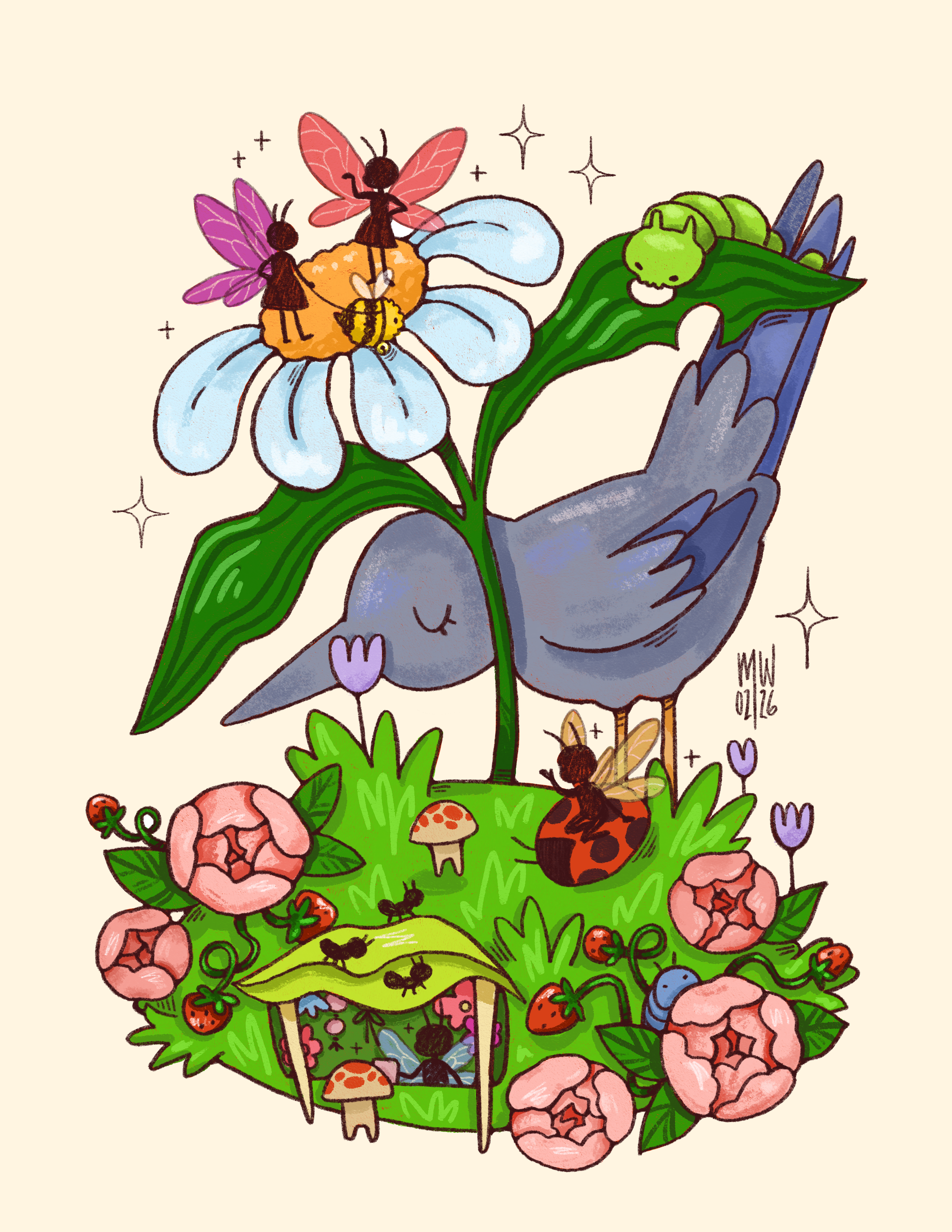 Illustration of a large gray elephant with colorful wings holding a flower in its trunk, surrounded by blooming pink flowers, strawberries, and small insects like bees and ladybugs in a vibrant garden.