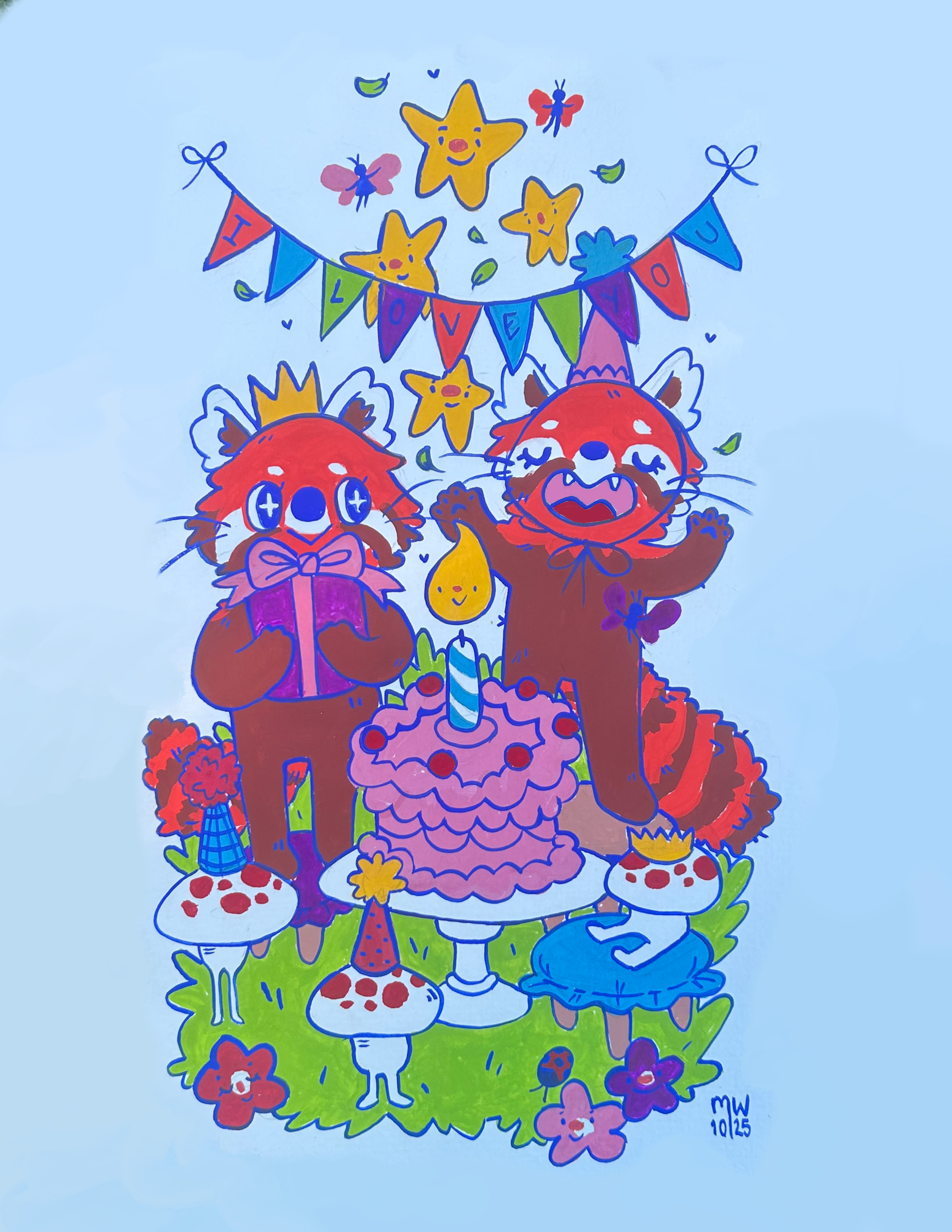 Colorful illustration of two red foxes wearing crowns, surrounded by flowers, mushrooms, and a banner that spells 'I LOVE YOU' with smiling stars, butterflies, and confetti.