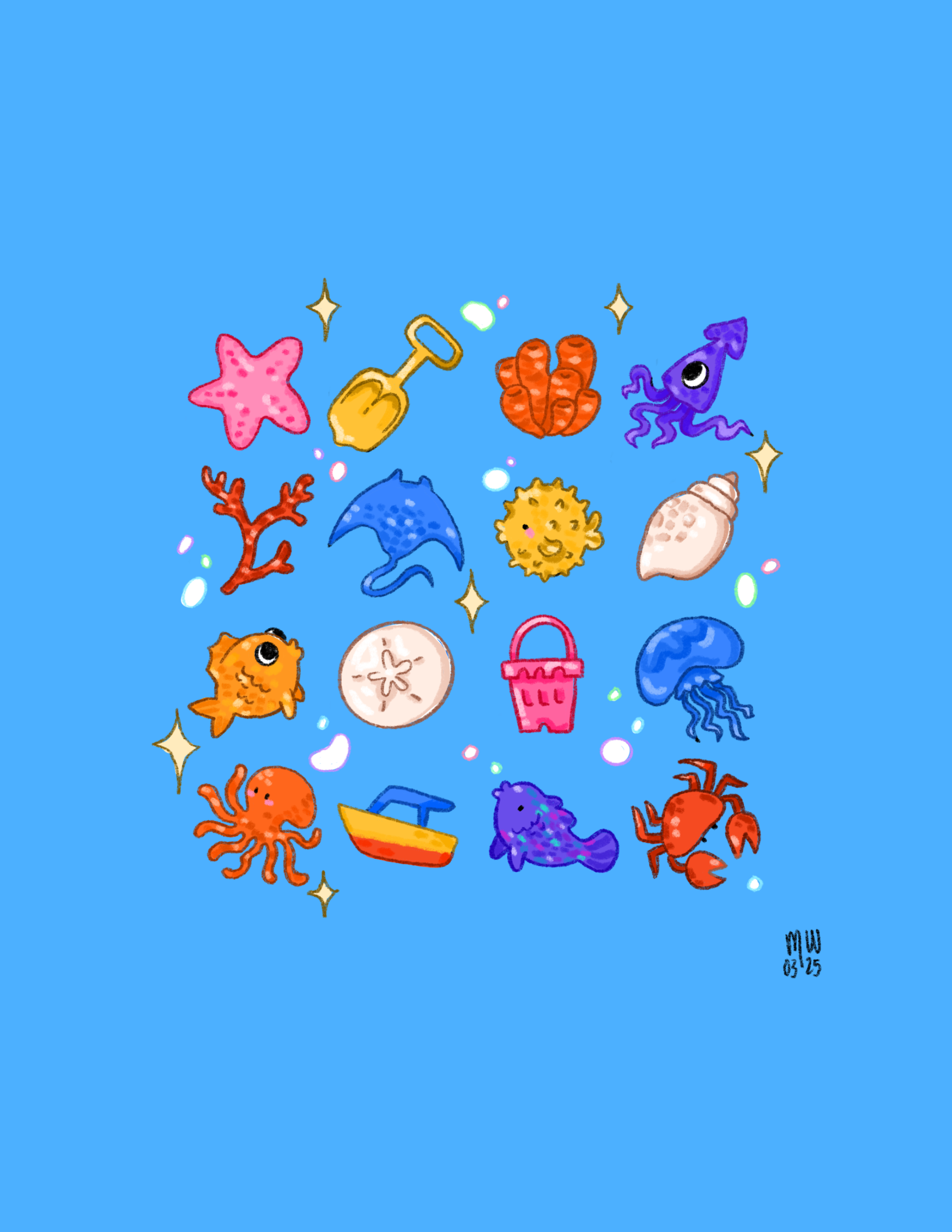 Colorful underwater scene with various sea creatures including a starfish, a yellow shovel, a red coral, a purple squid, a seashell, a cute orange fish, a sea urchin, and a blue jellyfish against a bright blue background, with small sparkling stars and bubbles scattered throughout.