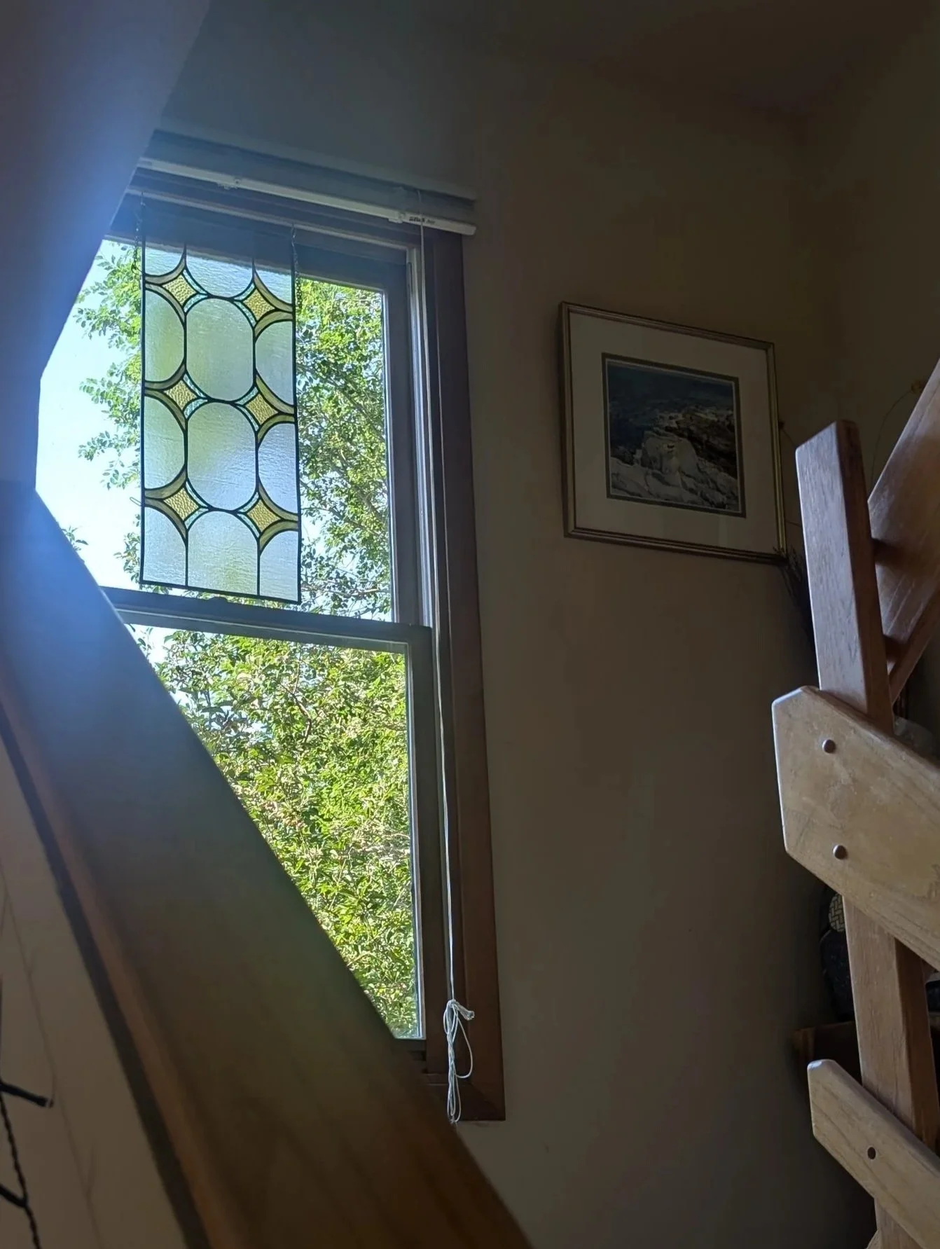 A window with patterned glass, greenery outside, a framed picture on the wall, and wooden furniture inside.