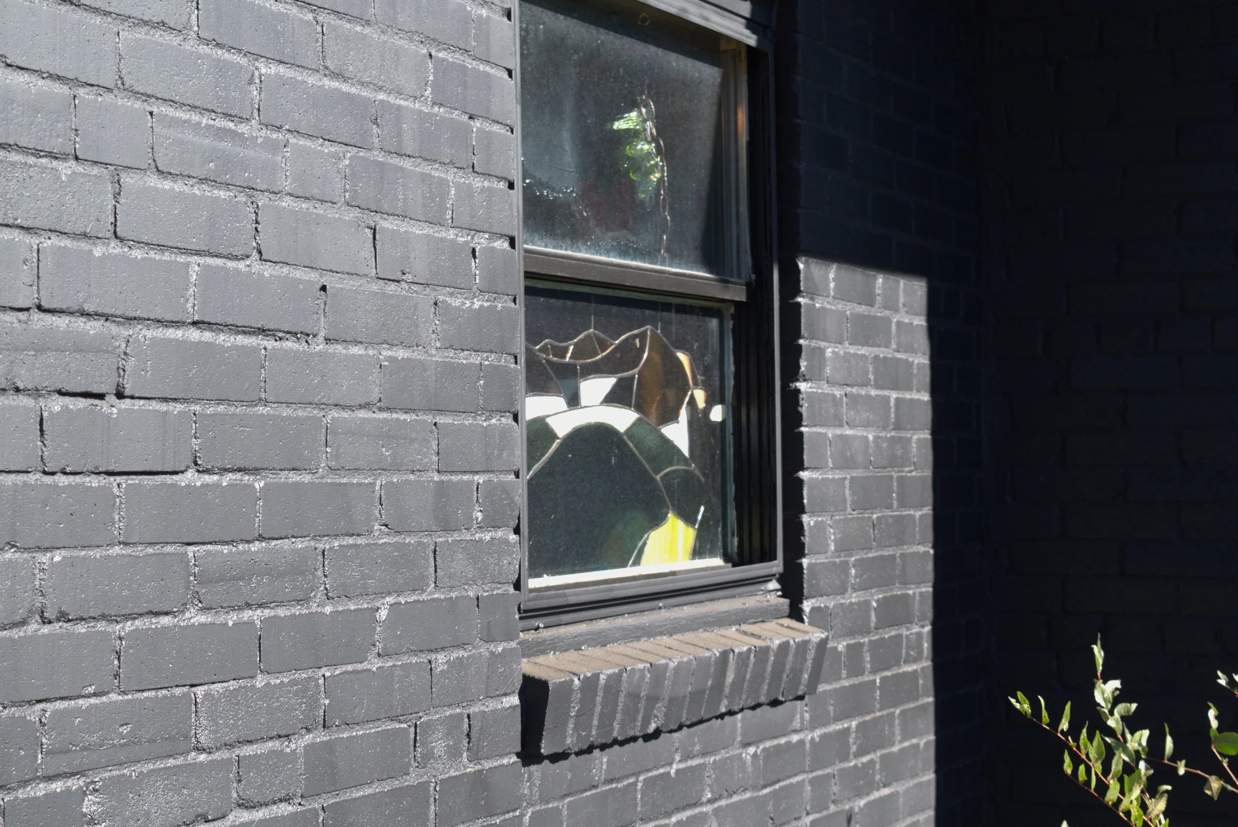 A close-up view of a window with broken glass in a gray brick building, with a small bush in the bottom right corner.