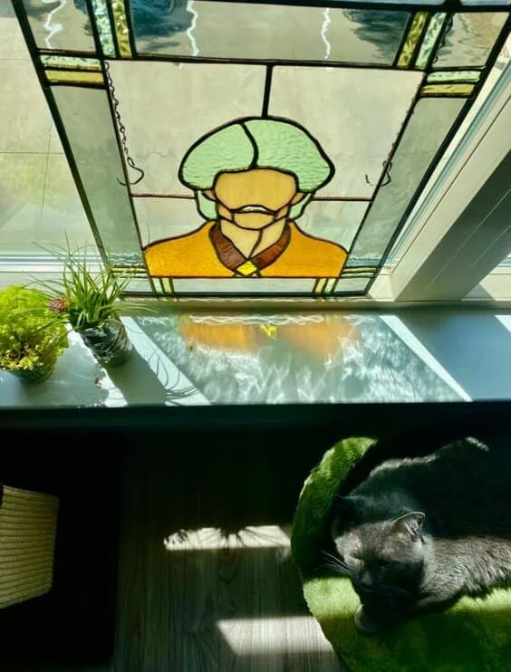 A stained glass window above a windowsill, depicting a person with glasses and a hat, viewed from below. On the windowsill, there are green plants in pots. A gray cat is sleeping on a green cushion on the floor, partially in shadow.