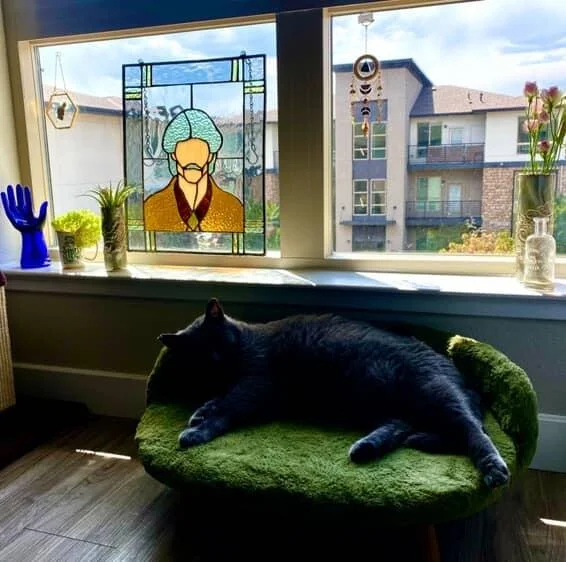 A black cat lying on a green cushion in front of a window. The window has a stained glass artwork of an older person with glasses, and there are decorative items on the windowsill including a blue glove-shaped plant holder, a green plant, a wind chim