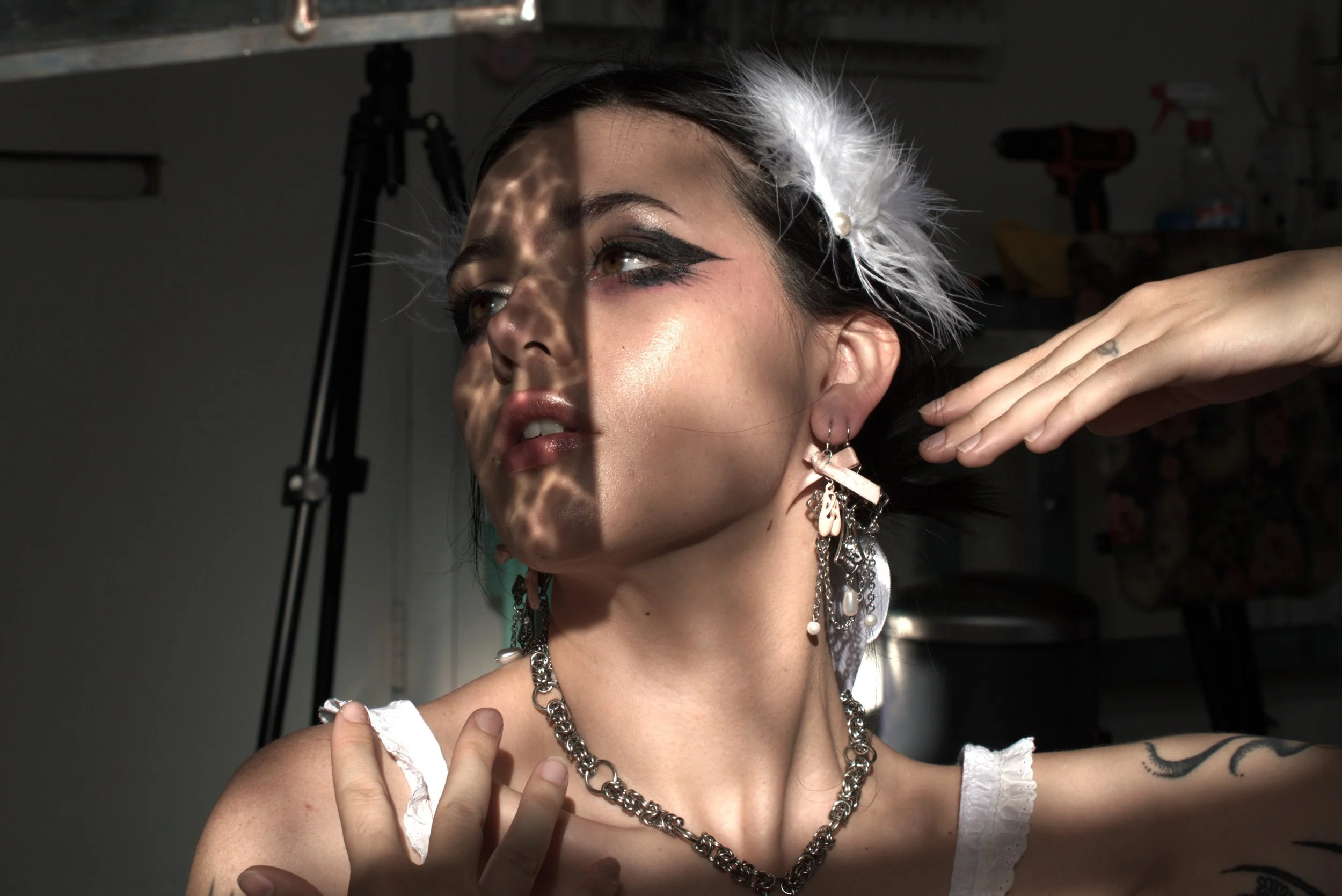 A woman with dramatic makeup, jewelry, and a feather hair accessory is posing inside with sunlight casting intricate shadows on her face.