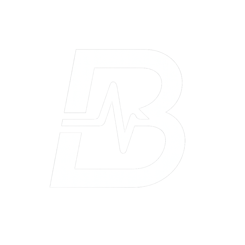 Black background with a white stylized logo combining the letters B and R with a heartbeat line connecting them.