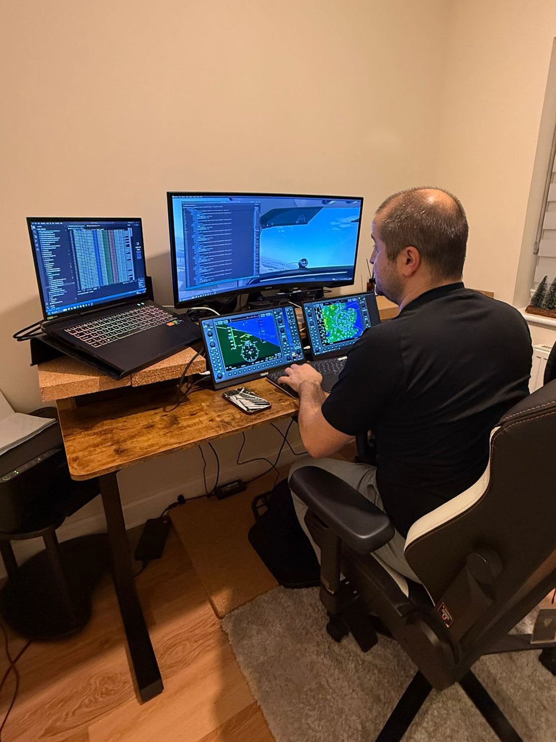 Founder at the Dream Factory MSFS setup, coding the Squawk Series missions and using Honeycomb flight controls.