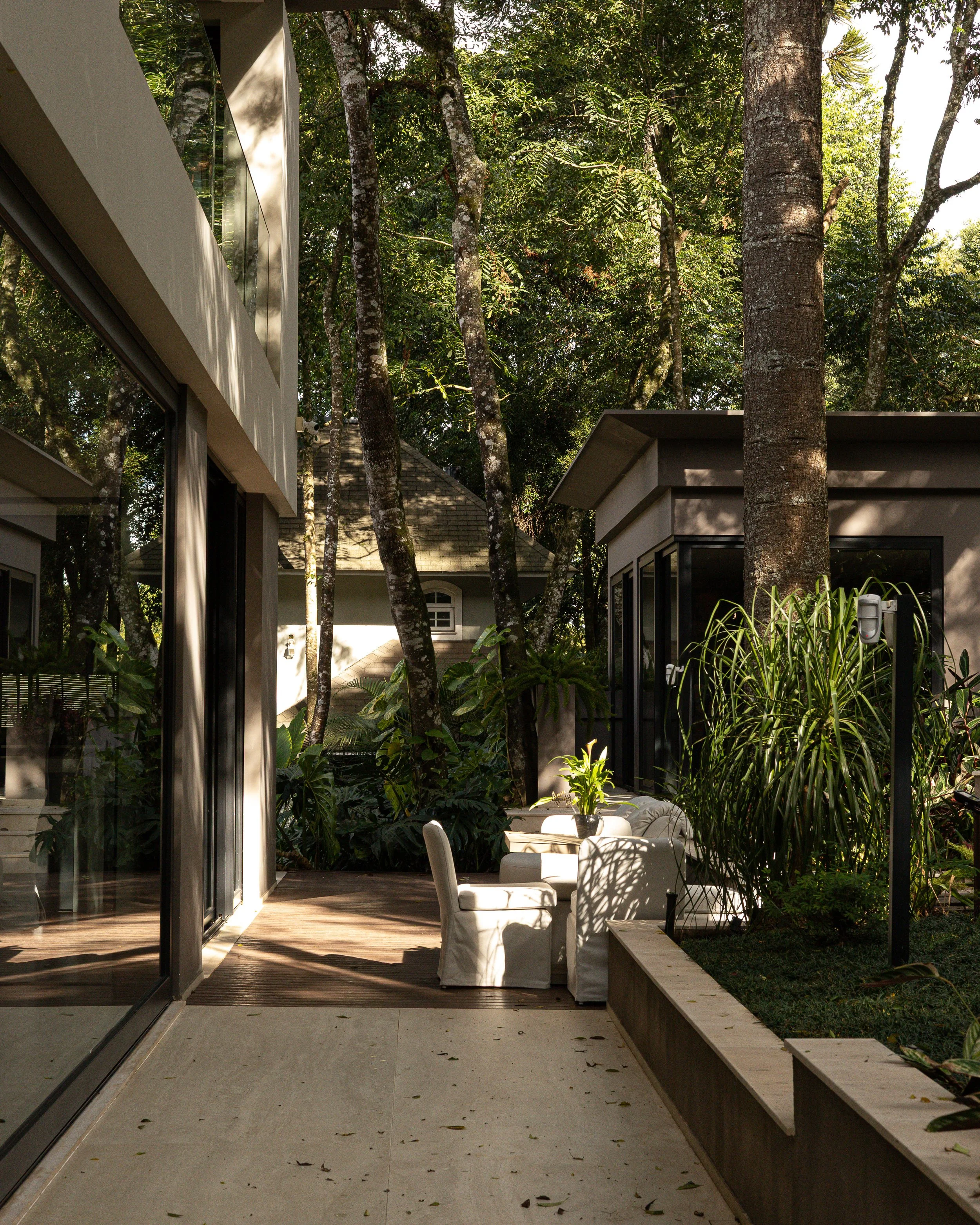 Espaço externo de uma casa modernista com jardim cheio de plantas, árvores e móveis de exterior brancos.