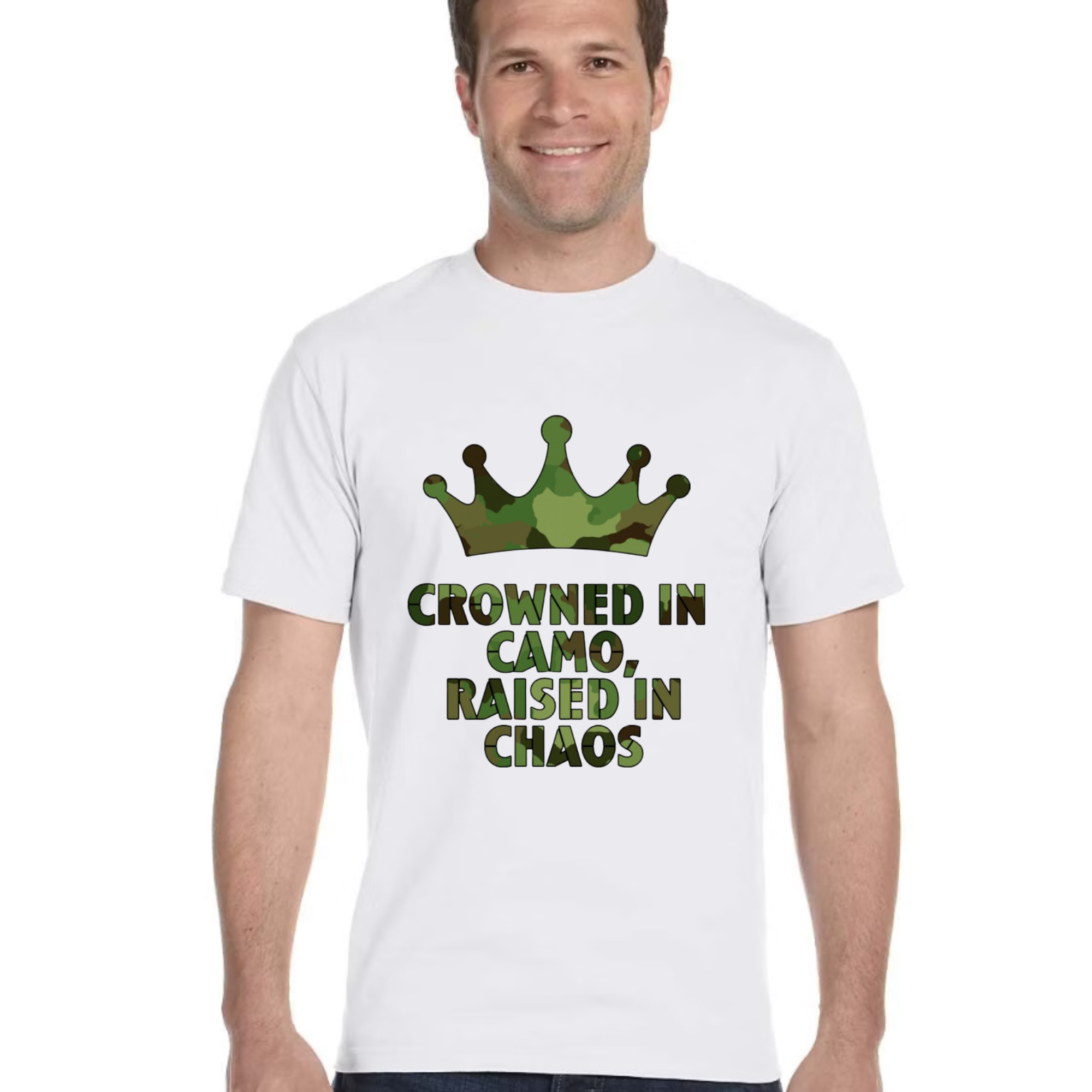 crowned in camo, raised in chaos tshirt.png