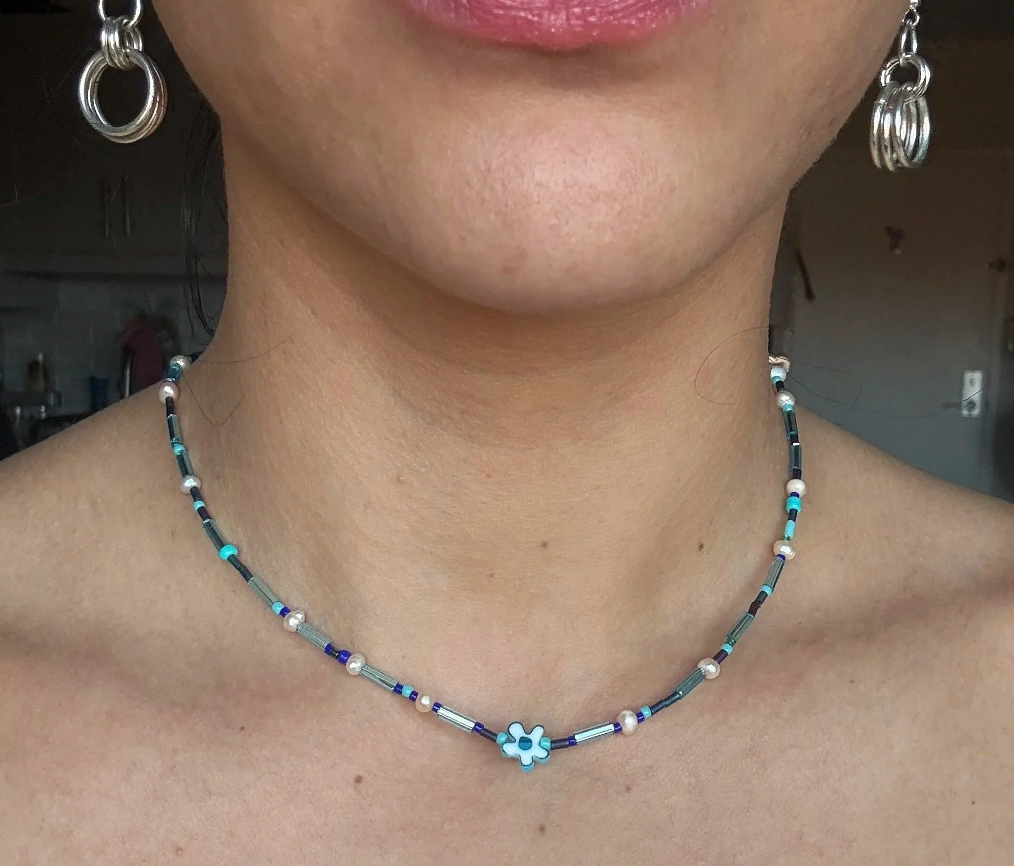 Small Blue Glass Flower Choker Necklace