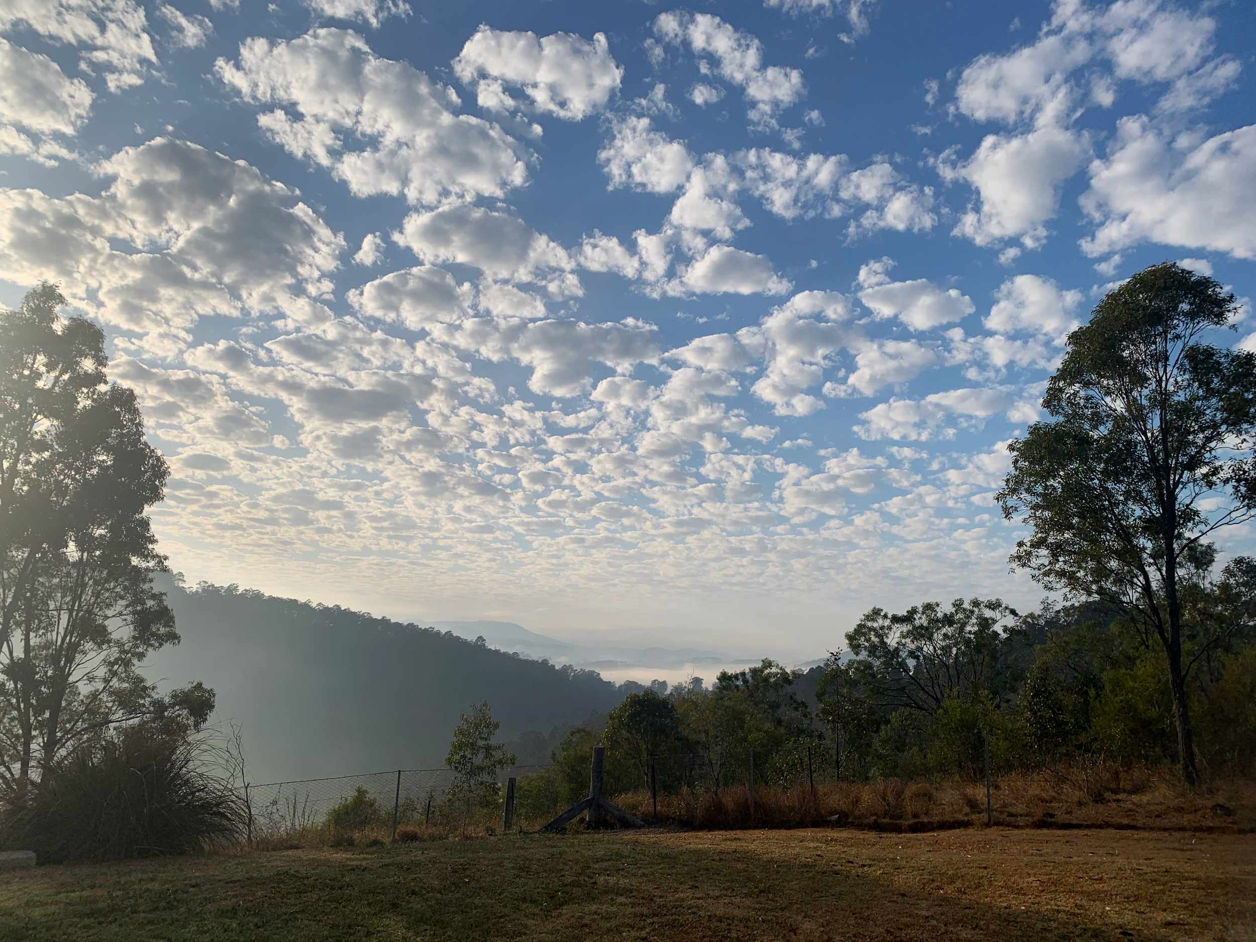 Scenic view of mountains and forest with cloudy sky and sunlight