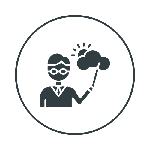 Illustration of a person wearing glasses and a tie, holding a stick with a cloud on it, with sun rays above the cloud, all inside a circle.