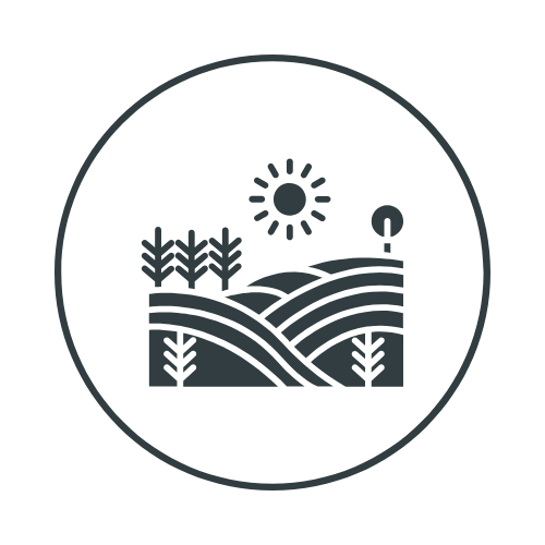 Minimalist outline of a farm landscape with a sun, trees, and rolling hills within a circle.