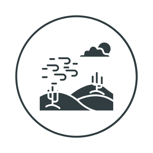 Minimalist icon of a landscape with hills, wind, and a cloud at night.