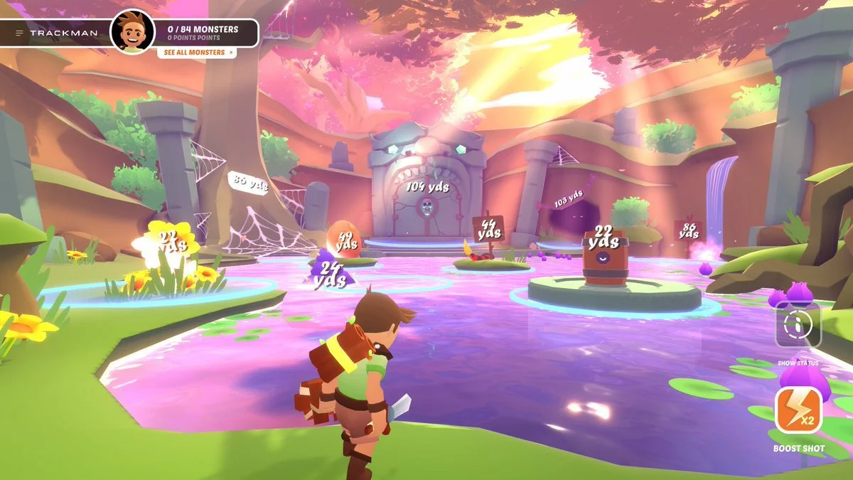 Video game scene featuring a cartoon character on a boat in a colorful, fantasy-style landscape with pink water, waterfalls, and a castle-like structure in the background.