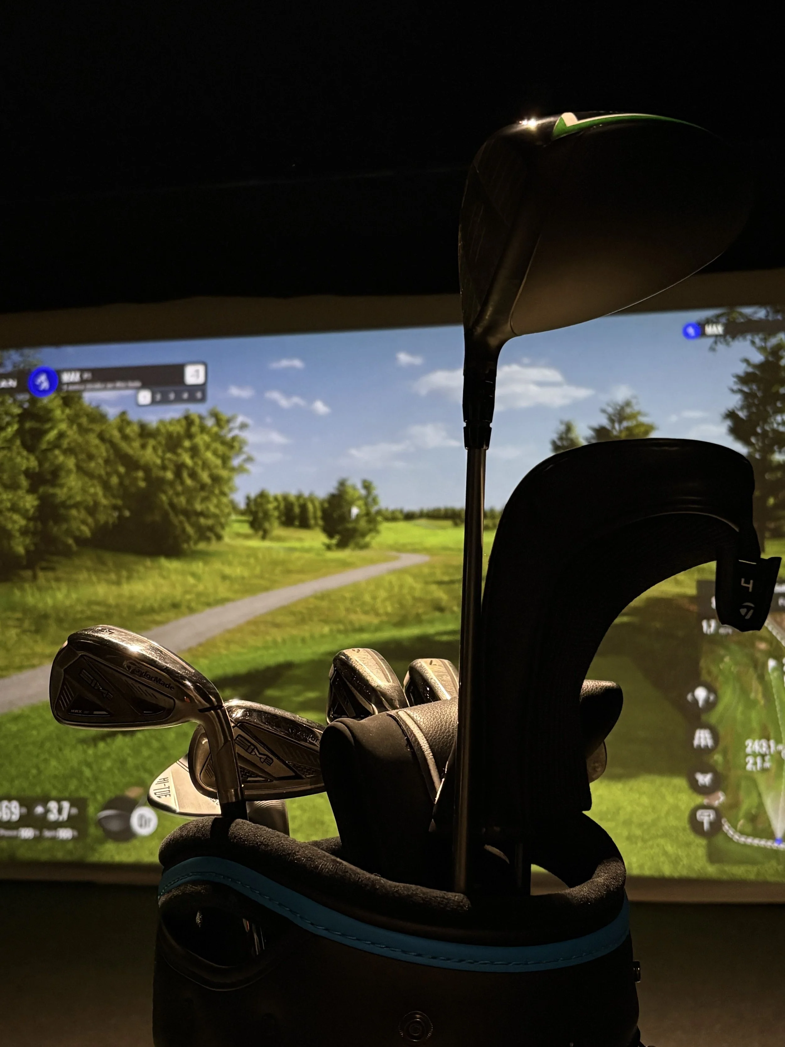 Golf club set including driver, fairway woods, and putter in a golf bag, with a golf course simulation in the background.