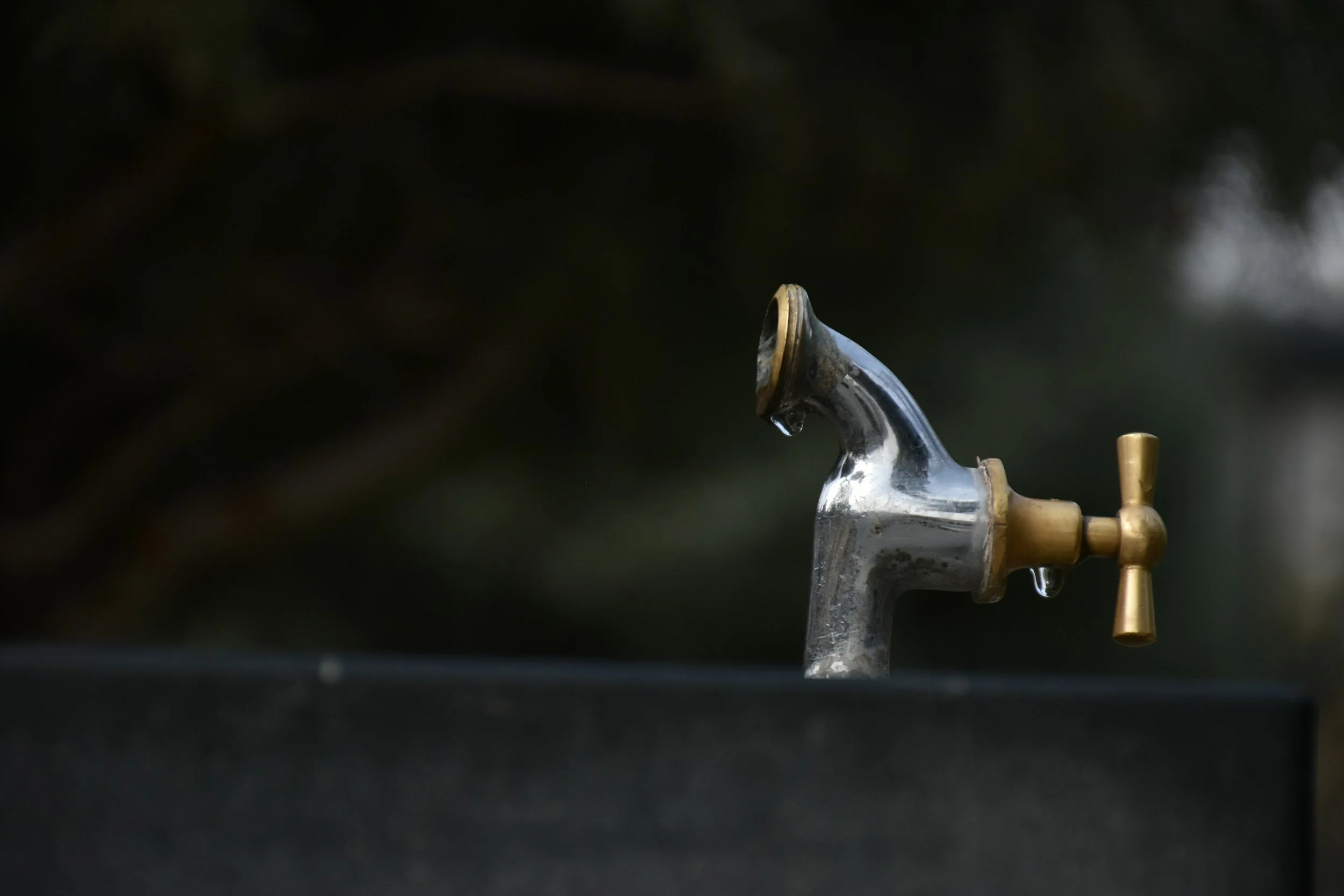 A close-up of a metallic outdoor water faucet with a black basin underneath, with water droplets hanging from the faucet.