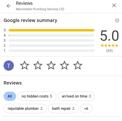 5 star Google reviews for Manchester Plumbing Services showing customer feedback and ratings
