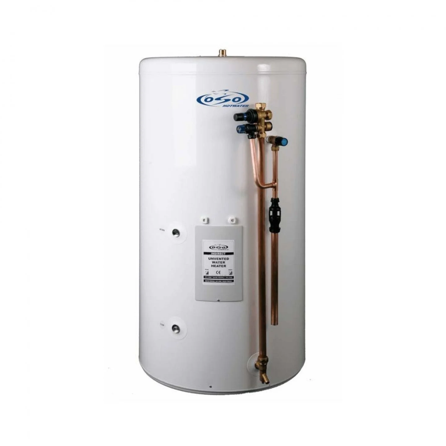 A white unvented water heater with copper pipes and black and blue control valves.
