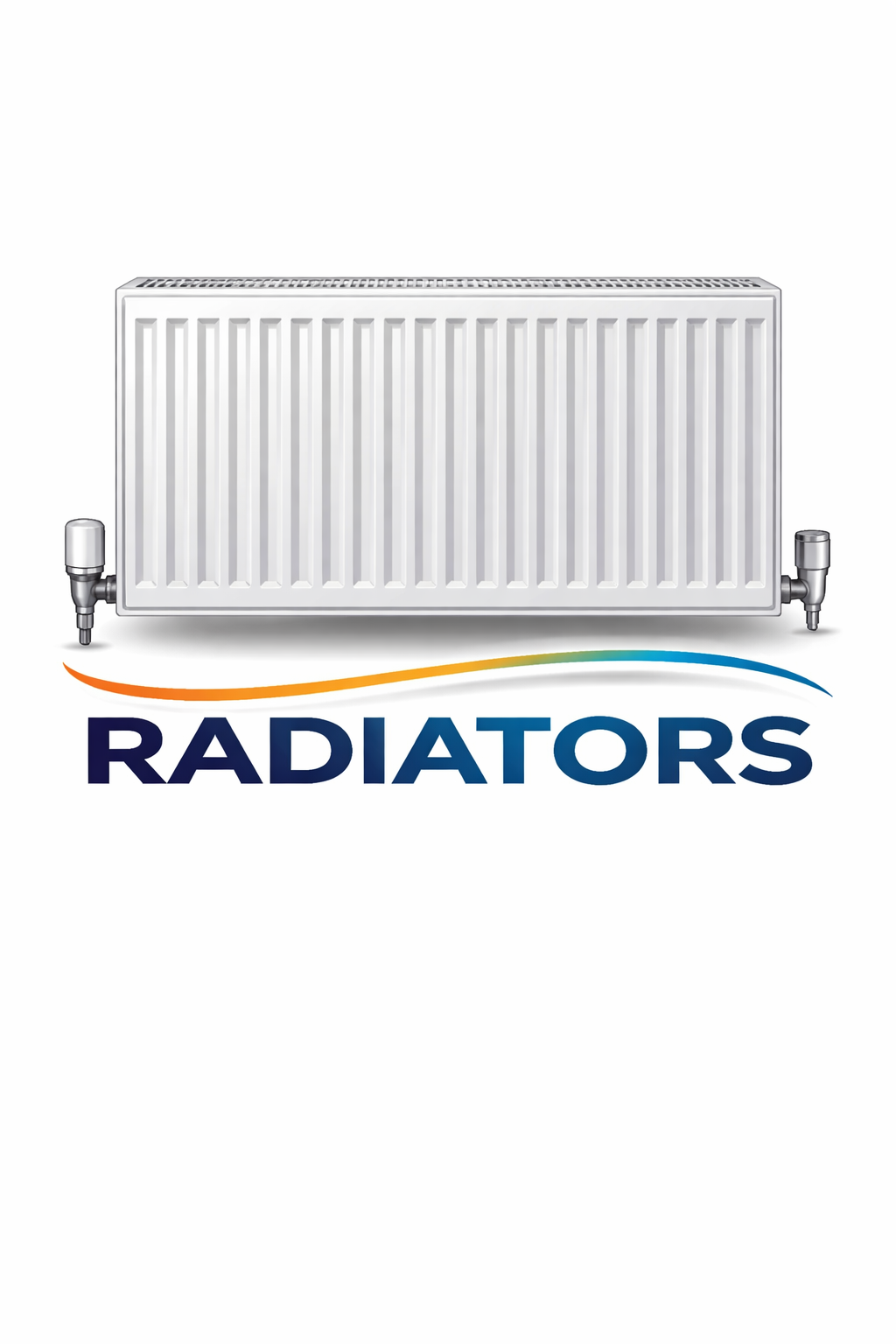 A white radiator with two valves on each side, positioned above the word "RADIATORS" in bold blue letters with an orange, yellow, green, blue stripe underneath.