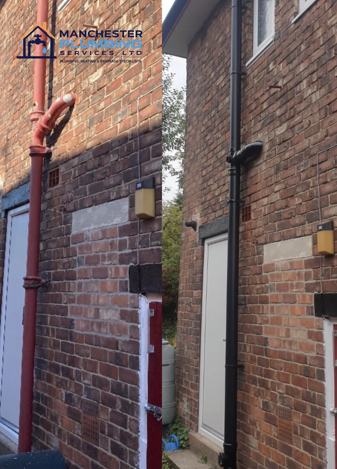 Before and after images of a black drainpipe installation on a brick building, replacing a red drainpipe. The left shows the old red pipe, and the right shows the new black pipe.