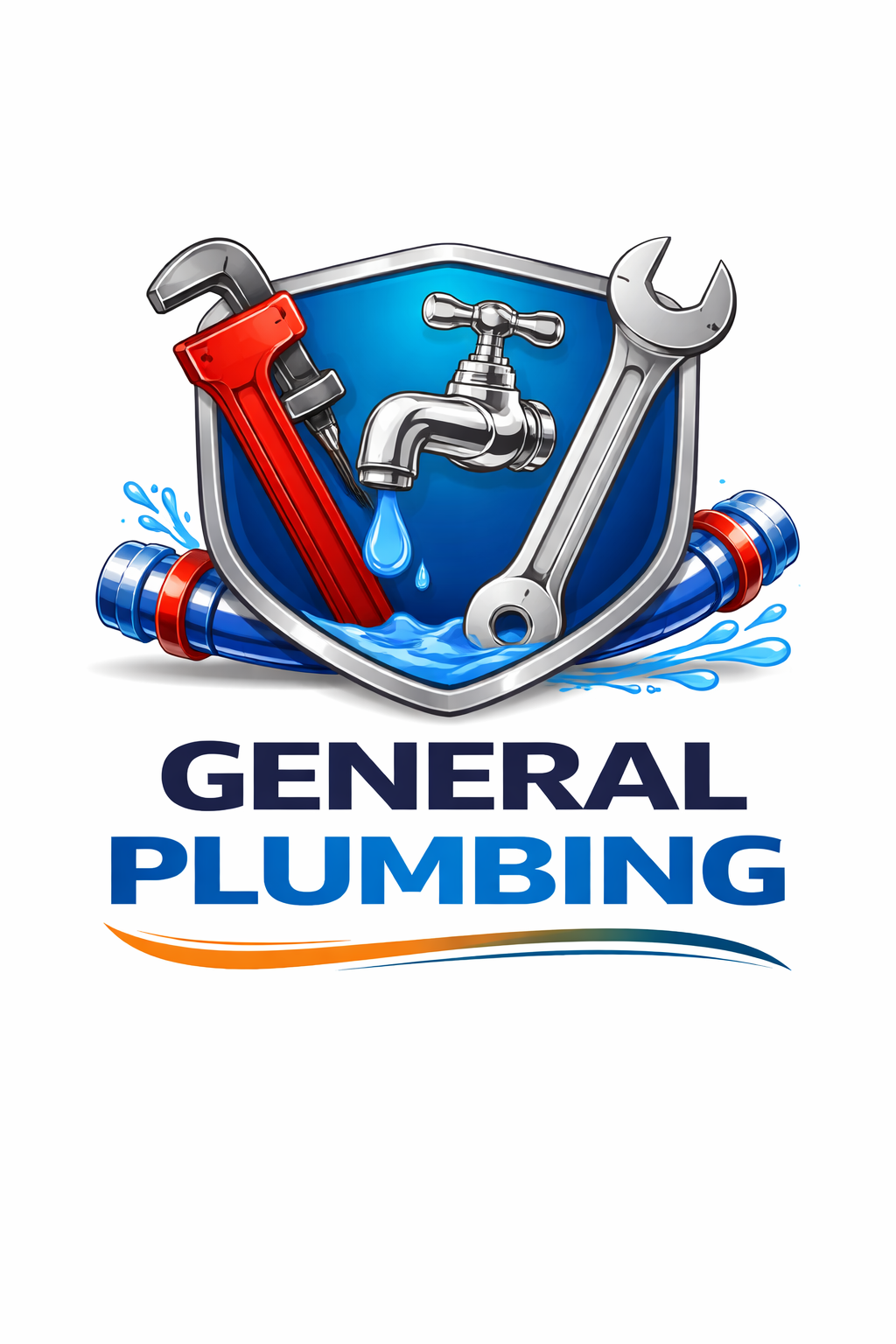 Logo for General Plumbing featuring a shield with plumbing tools, including a wrench, faucet with dripping water, and pipe fittings, with water splashes and the business name below.