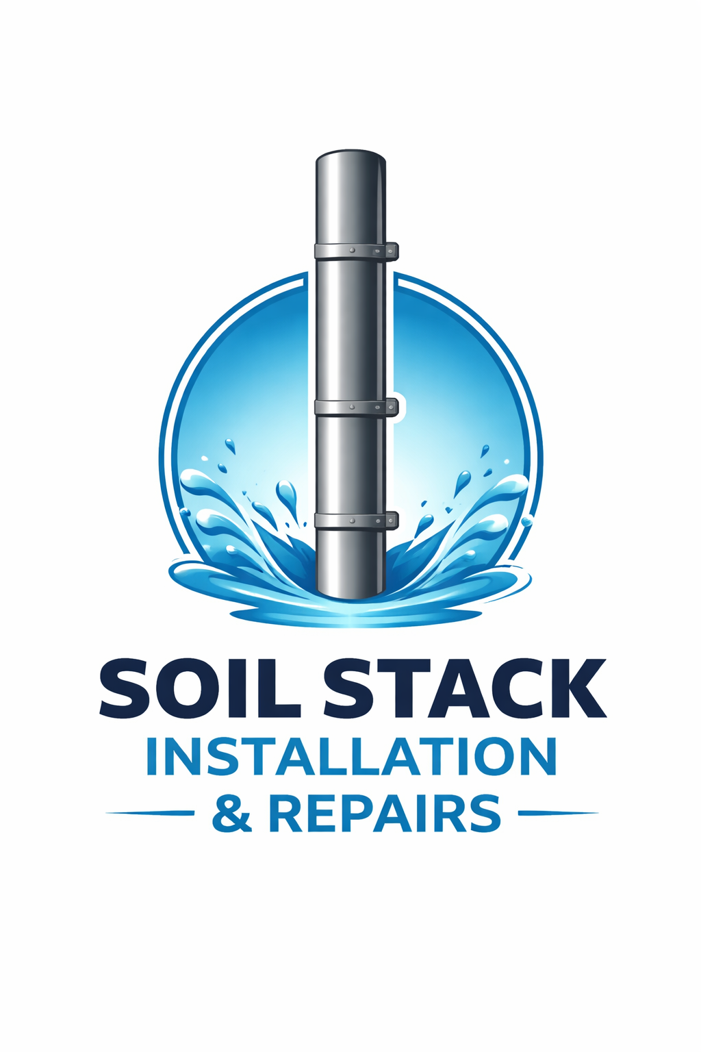 Logo for Soil Stack Installation & Repairs featuring a metal pipe with water splash and blue background.