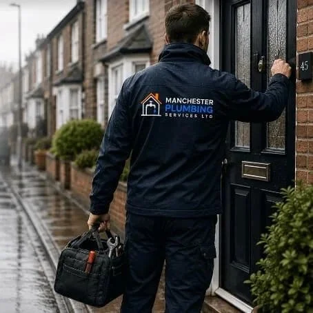 Manchester plumber in uniform carrying a tool bag and knocking on a residential door