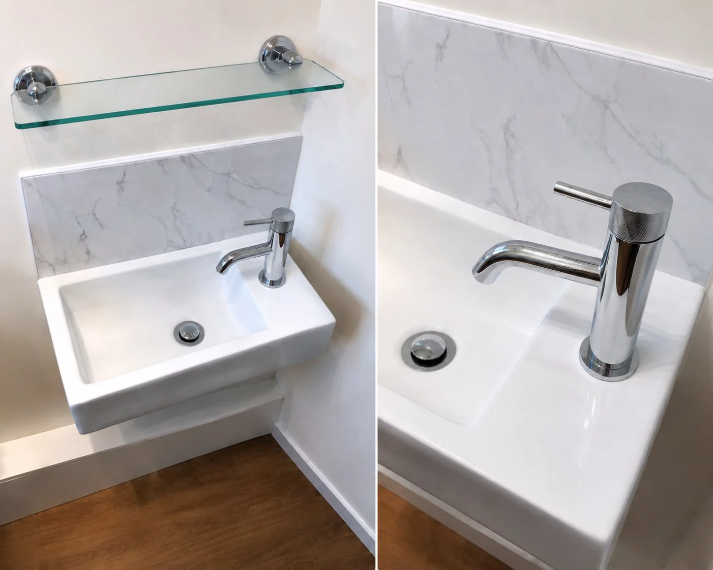 Modern wall hung basin with chrome mixer tap fitted in Altrincham