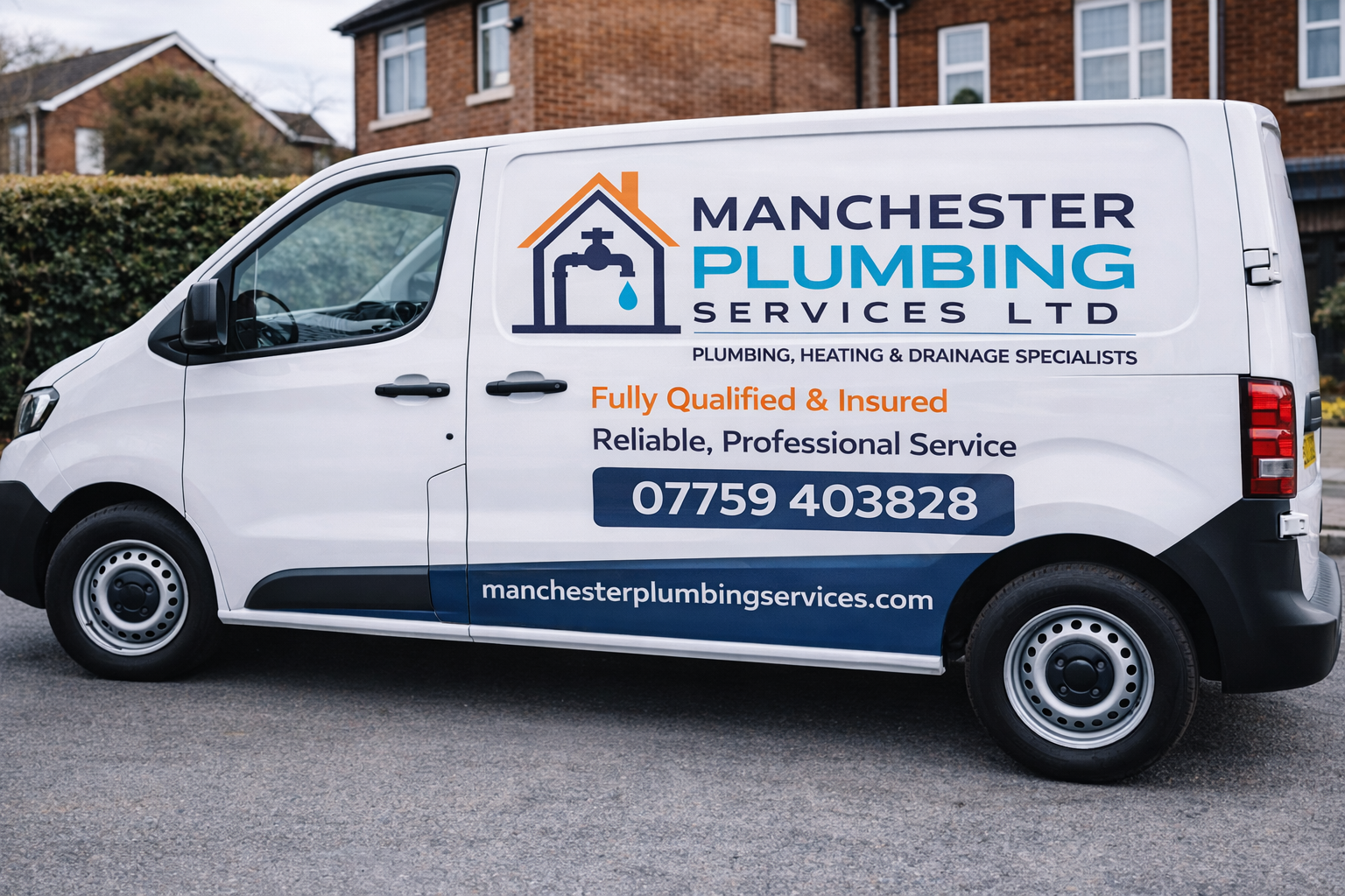 A white van with advertising for Manchester Plumbing Services Ltd, featuring a logo of a house with a water pipe and drop, along with contact information and website URL.