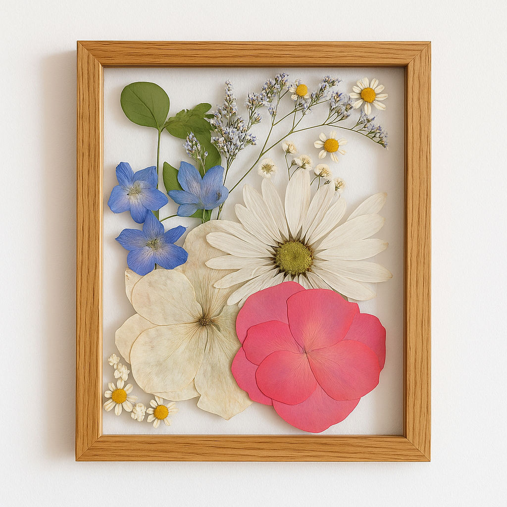 Pressed-flower artwork by Vintage Floret, offering nationwide bouquet preservation and Nebraska drop-off.