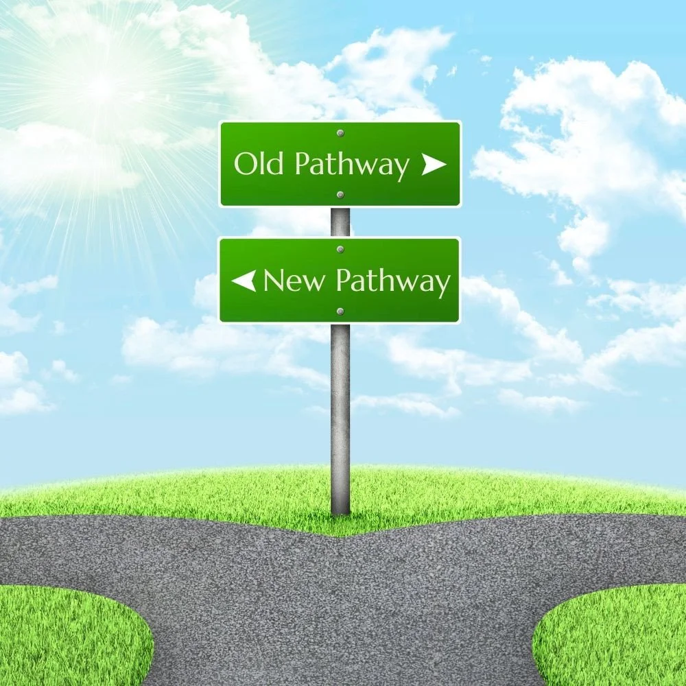 A fork in the road with two green signs: one pointing right labeled 'Old Pathway' and one pointing left labeled 'New Pathway,' with a grassy area under a partly cloudy sky and the sun shining brightly.