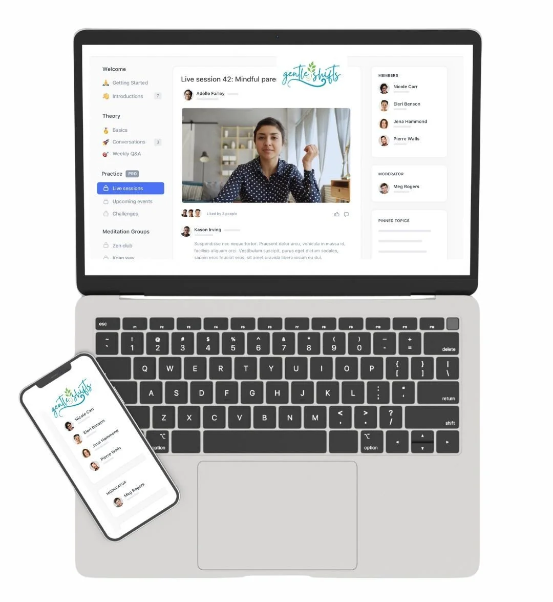 Laptop and smartphone displaying a virtual mindfulness session titled 'gentle shifts' with a woman on-screen and a list of members and moderator.