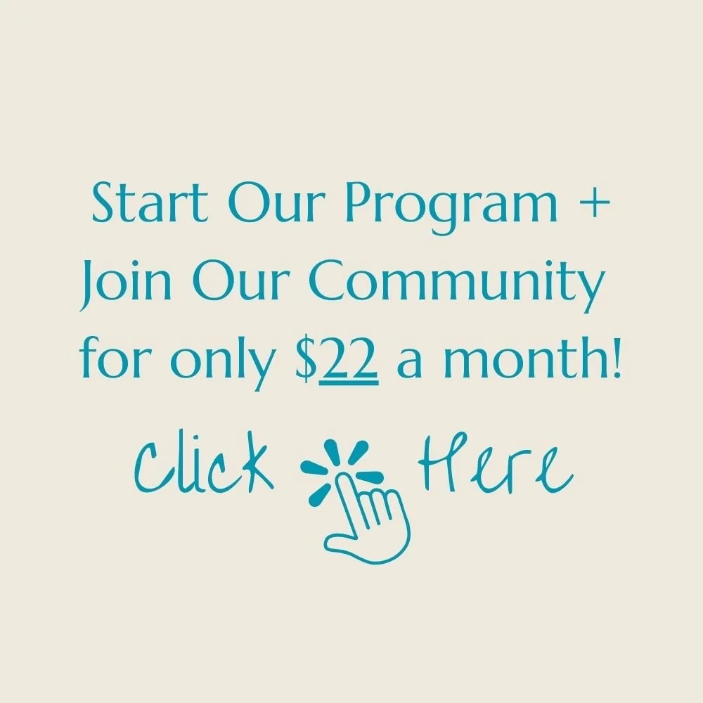 Promotional graphic with text encouraging viewers to start a program and join a community for $22 a month, with a call-to-action to click here, featuring a hand icon clicking a button.