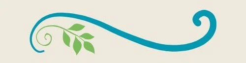 A green and blue decorative swirl with green leaves.