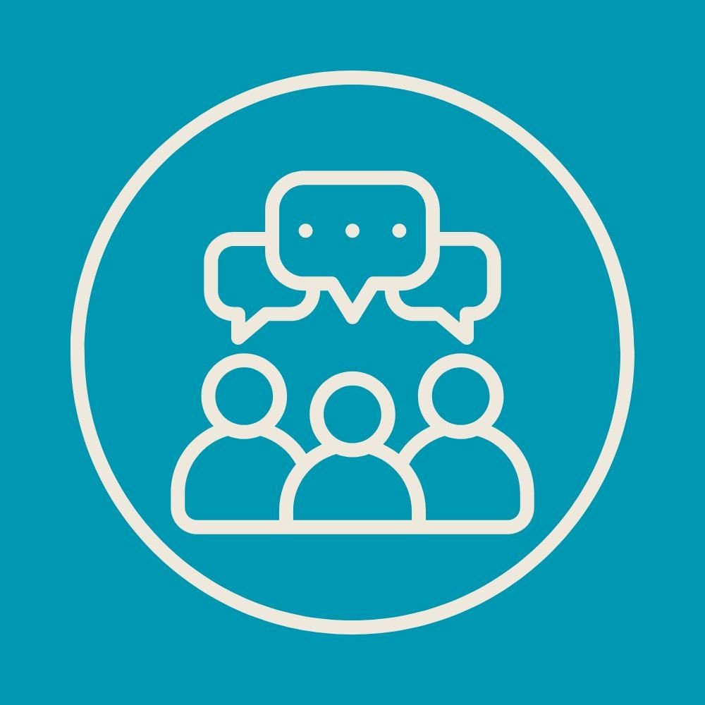 Icon of three people with speech bubbles above their heads, representing communication or discussion.