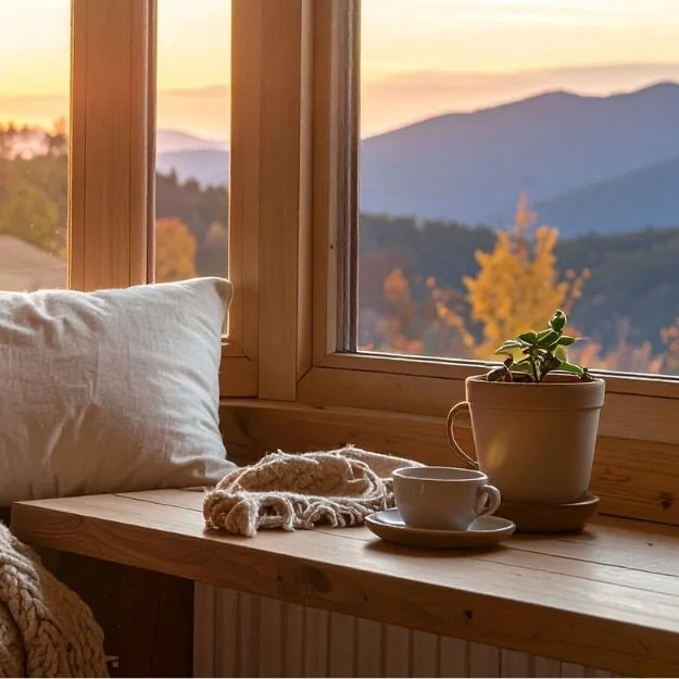 A cozy interior scene with a wooden windowsill holding a plant in a beige pot, a white cup and saucer, and a folded blanket. Outside the window, there is a scenic view of mountains during sunset with trees in fall colors.