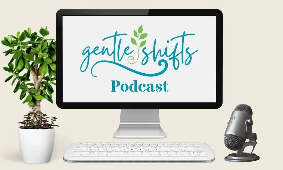 Computer monitor displaying 'gentle shifts Podcast' with a green leafy design, a potted plant to the left, and a microphone to the right.