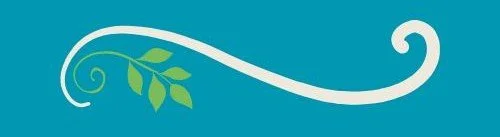 Decorative graphic with a white swirl and green leaves on a blue background.