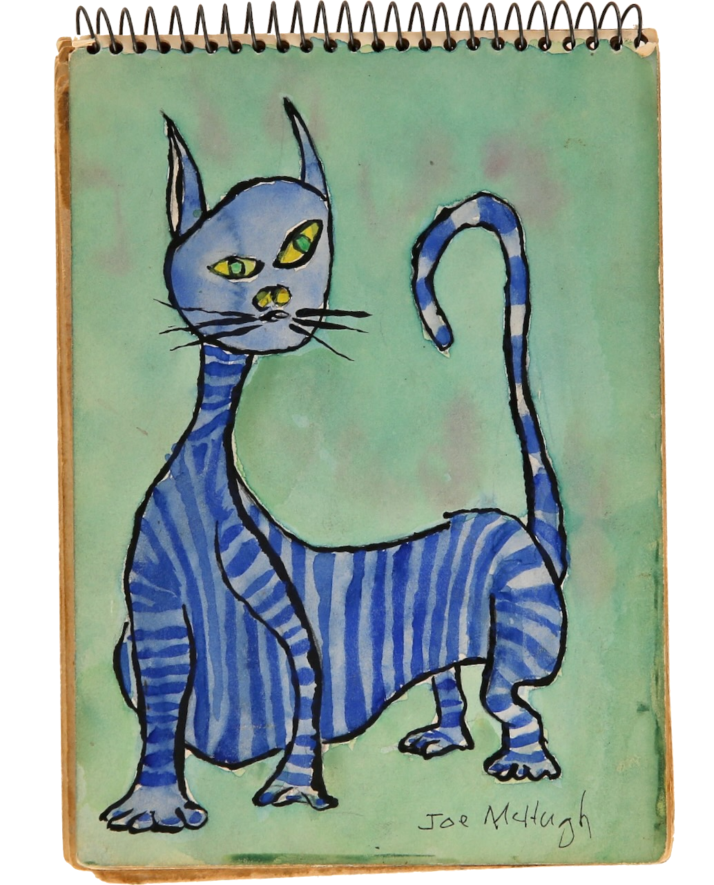 A watercolor painting of a four-legged feline with a blue striped pattern, three yellow eyes with green pupils, and a long striped tail, set against a green background. The artwork is signed by Joe McTugh.